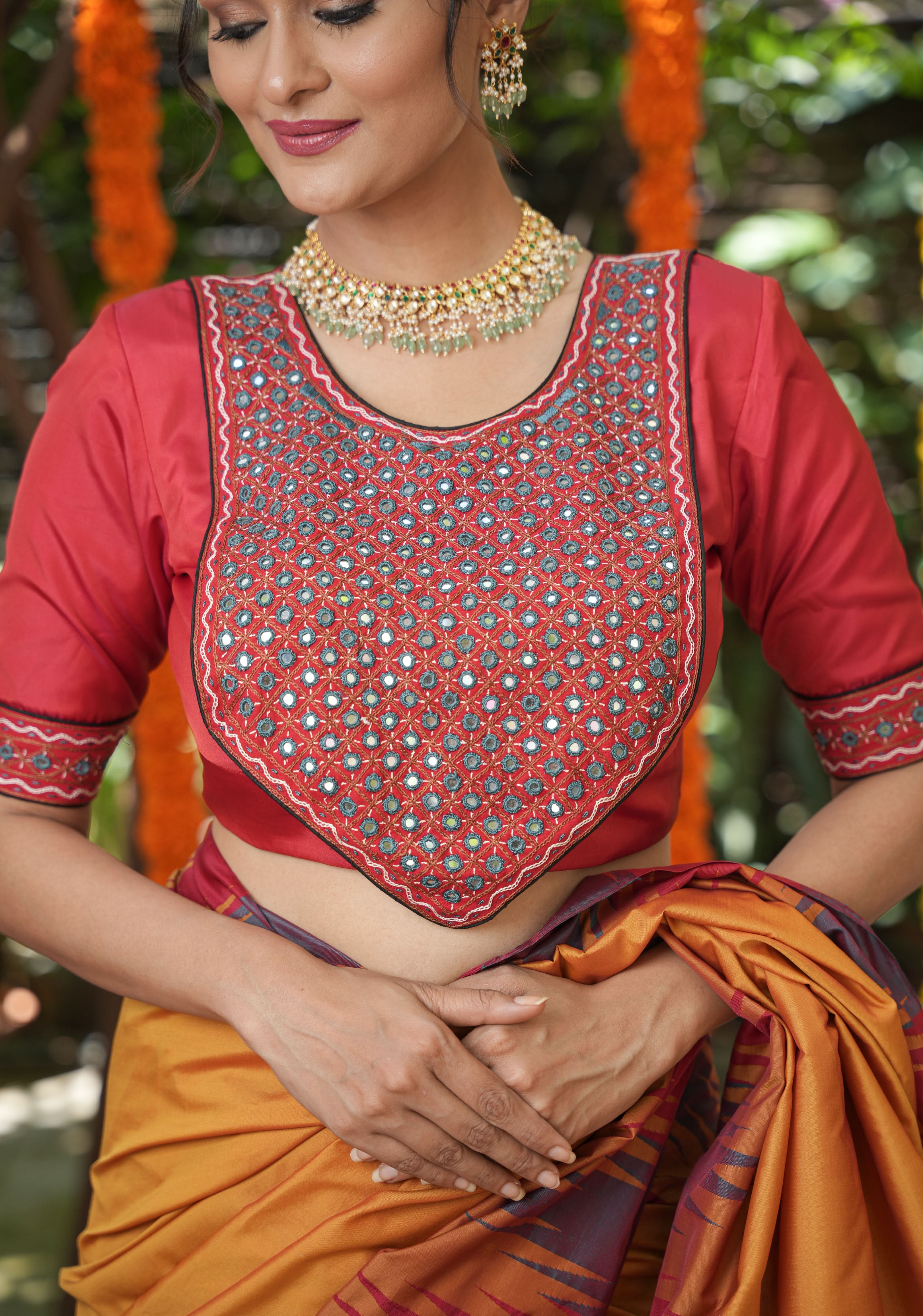 Banjaran Flap Yoke Style Red Mirrorwork Blouse, Made to Order | Shobitam