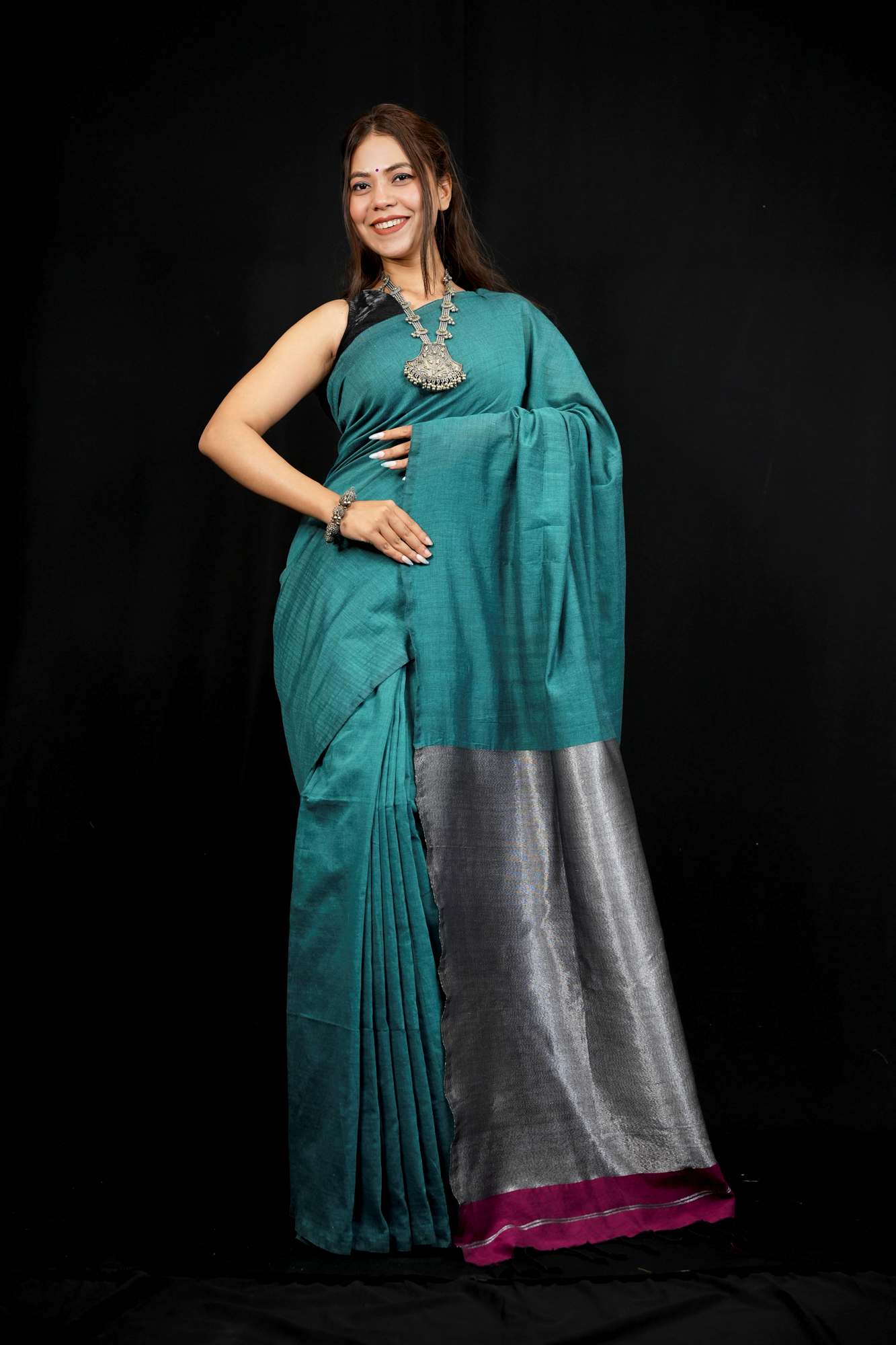 Cotton ready to wear Saree with Contrast shimmer woven Border Ready To Wear Saree