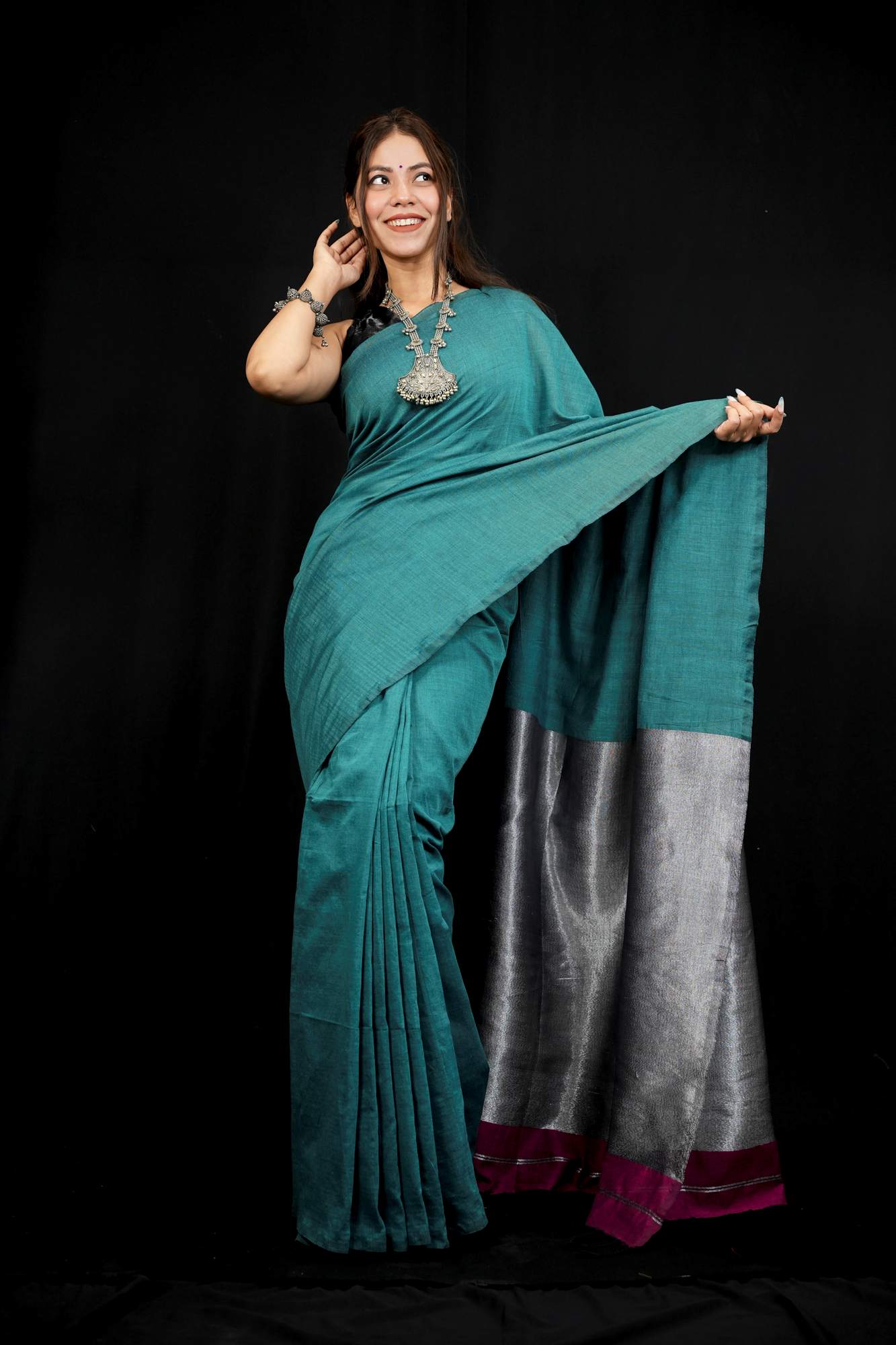 Cotton ready to wear Saree with Contrast shimmer woven Border Ready To Wear Saree