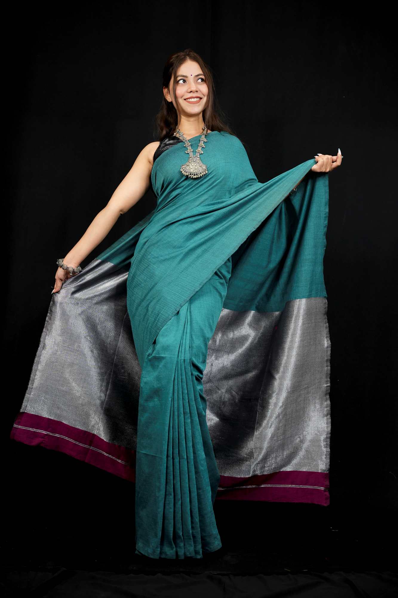 Cotton ready to wear Saree with Contrast shimmer woven Border Ready To Wear Saree