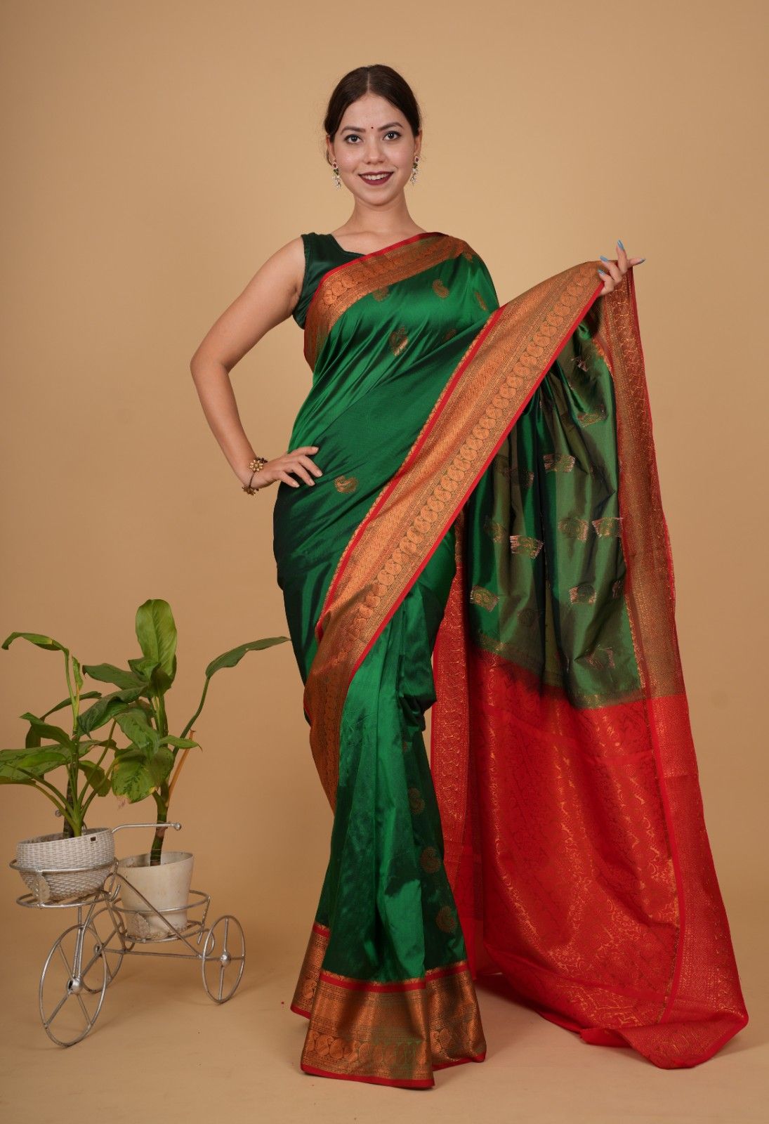 Festive Kanchipuram Zari woven Border & banarasi Motif Overall Ready To Wear Saree