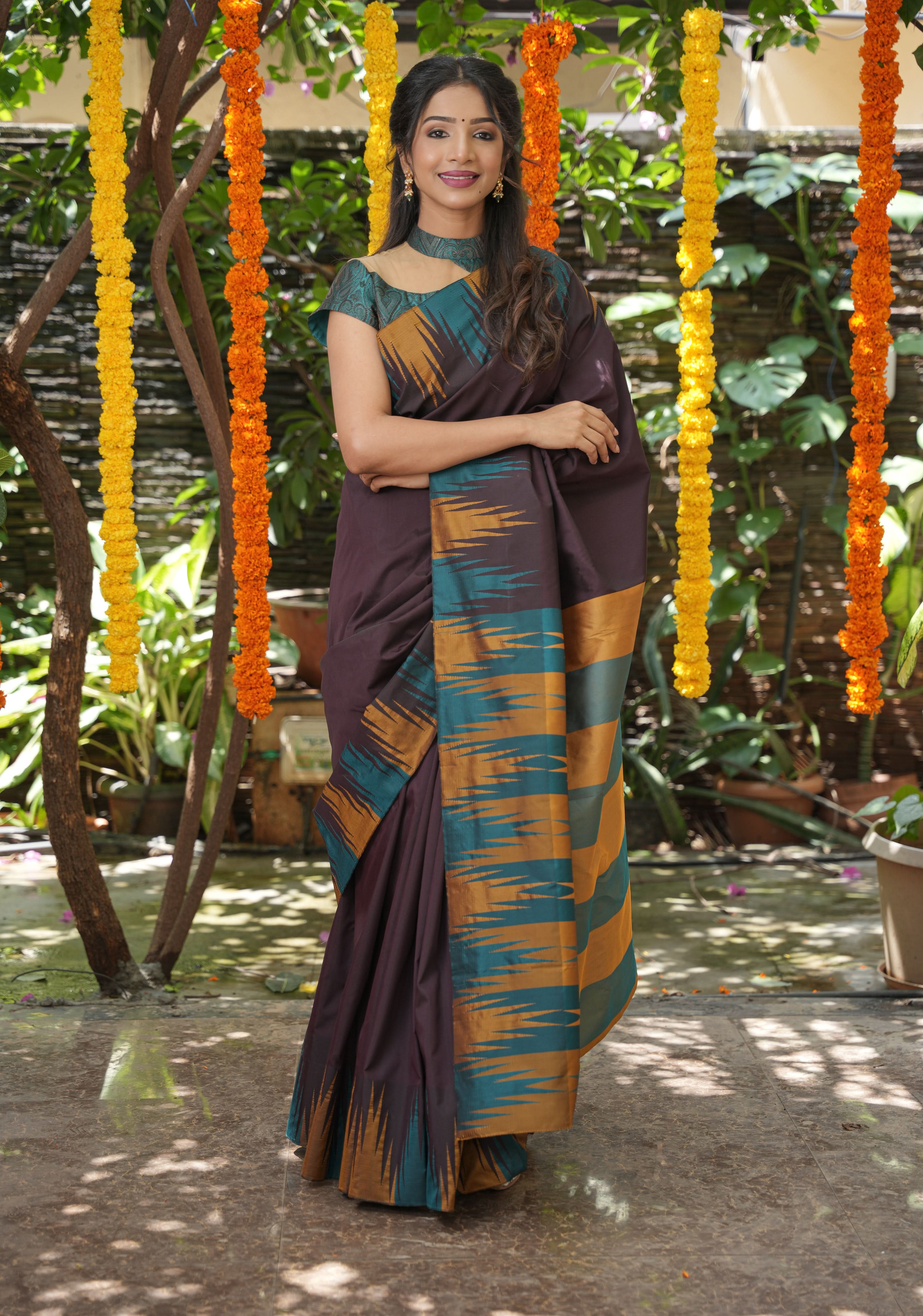 Brown Art Silk Saree with Two Color Temple Border | Shobitam