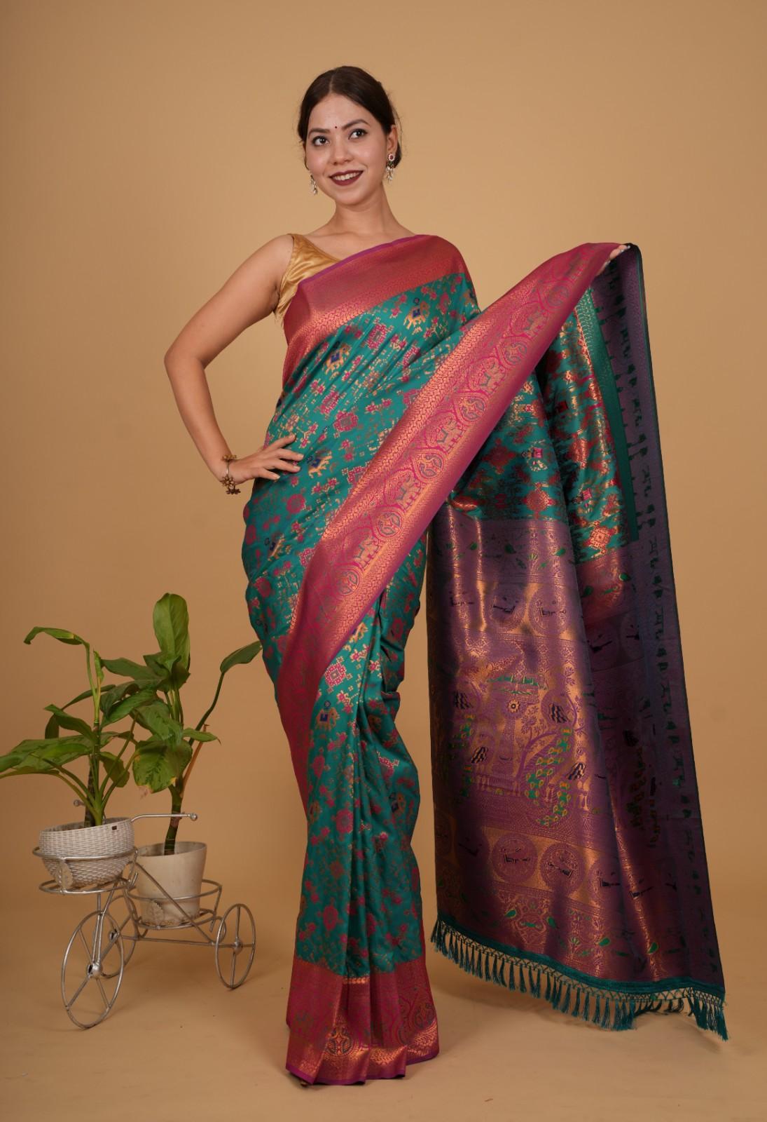 Prestitched Saree Patola Woven with ornate pallu and tassels Ready To Wear Saree