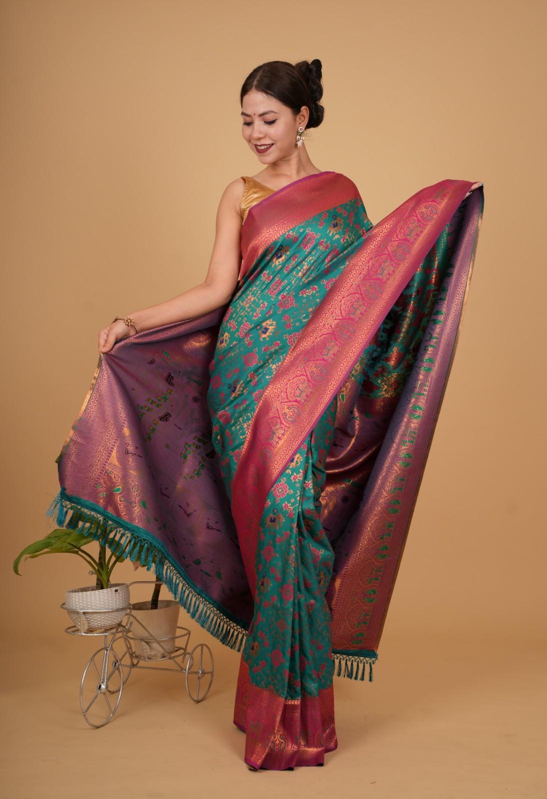 Prestitched Saree Patola Woven with ornate pallu and tassels Ready To Wear Saree