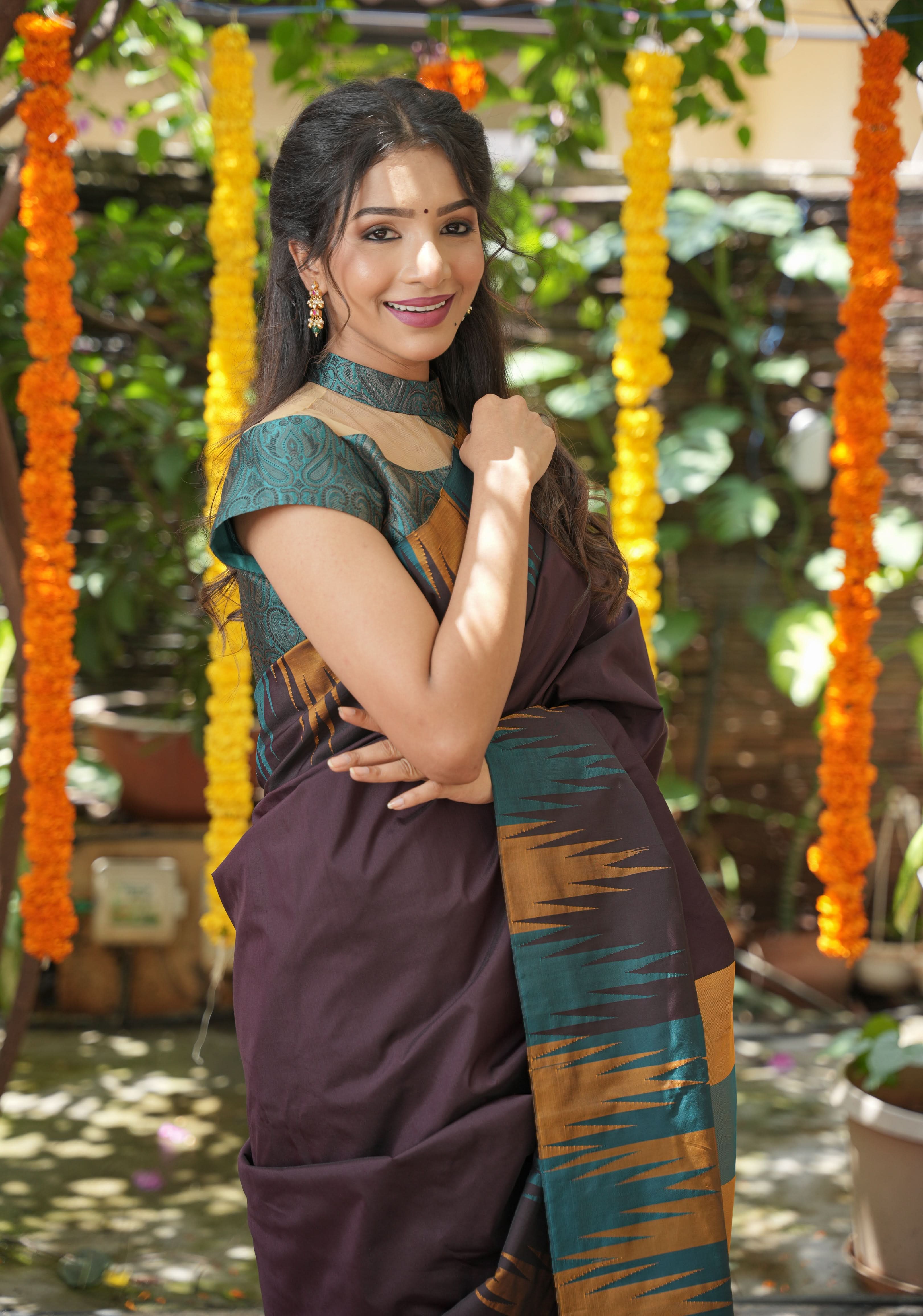 Brown Art Silk Saree with Two Color Temple Border | Shobitam