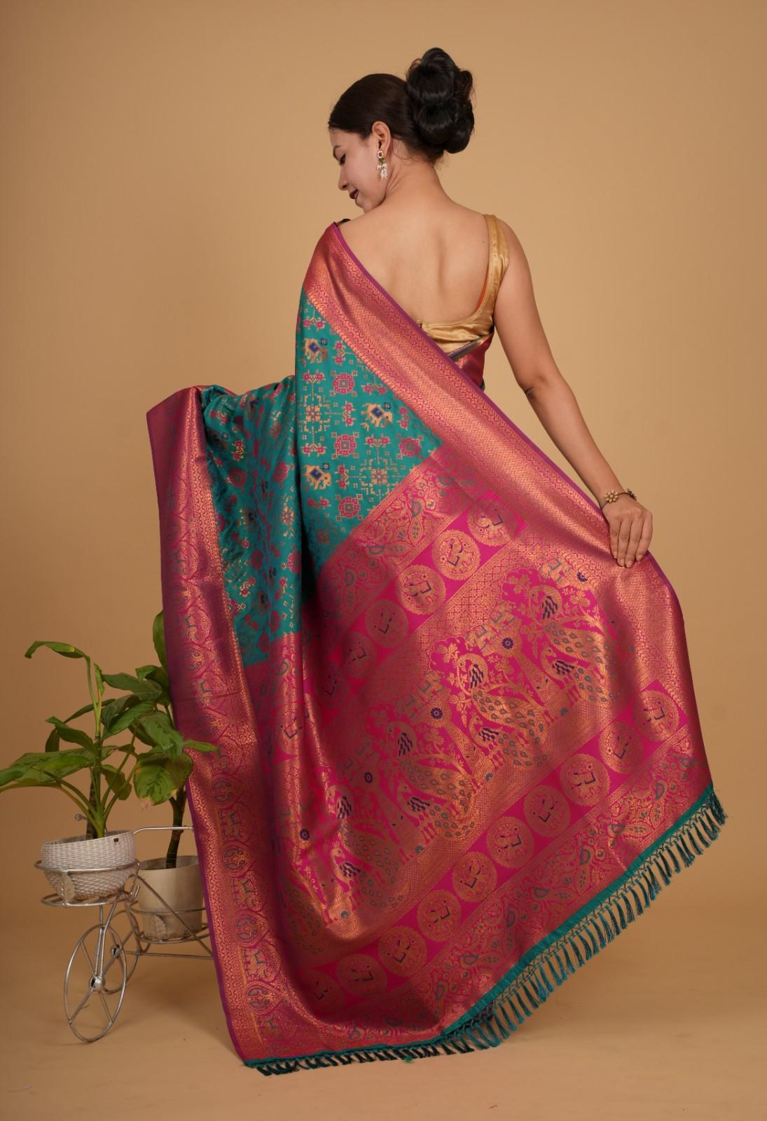 Prestitched Saree Patola Woven with ornate pallu and tassels Ready To Wear Saree