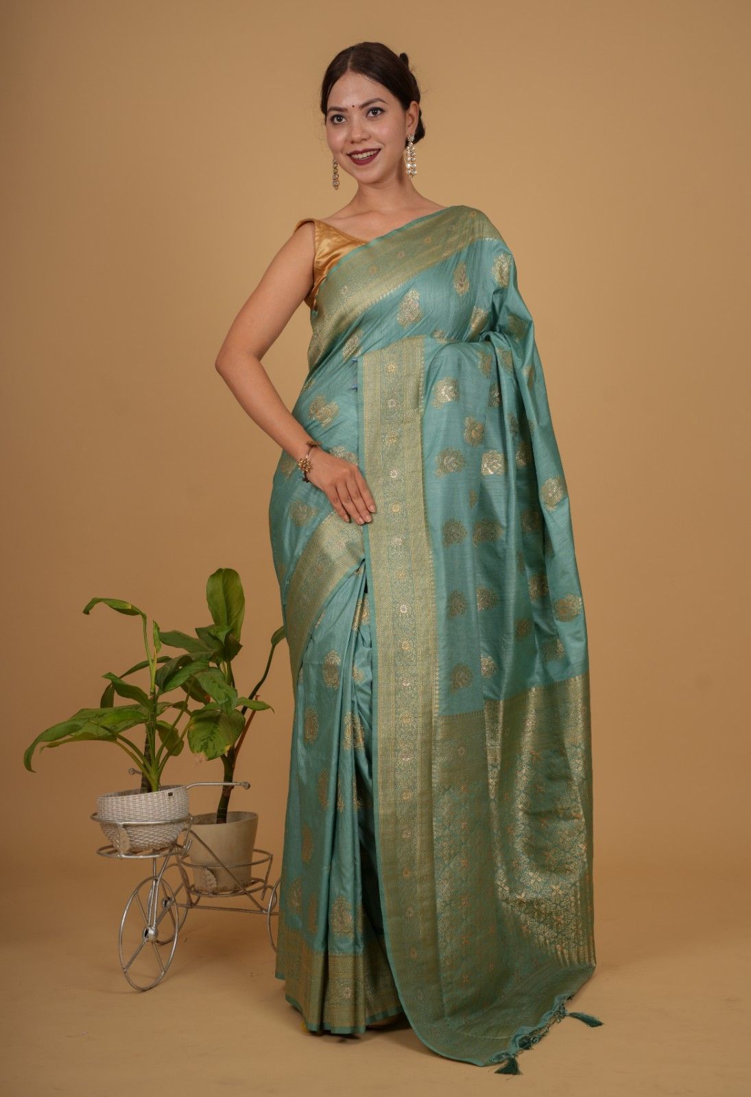 Pista Green Cotton Silk  With Zari  Border & Overall Golden Motif Wrap in 1 minute saree