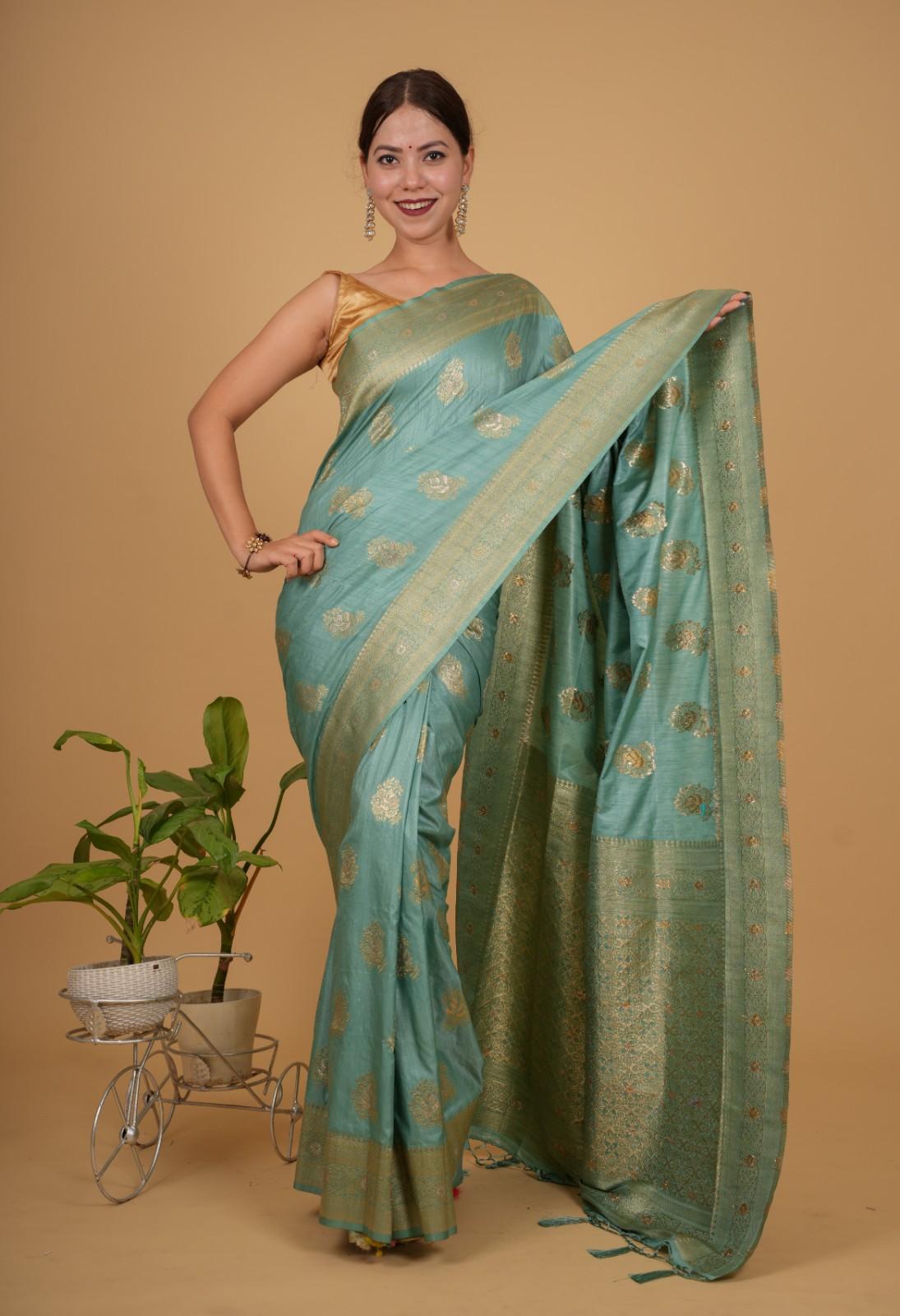 Pista Green Cotton Silk  With Zari  Border & Overall Golden Motif Wrap in 1 minute saree