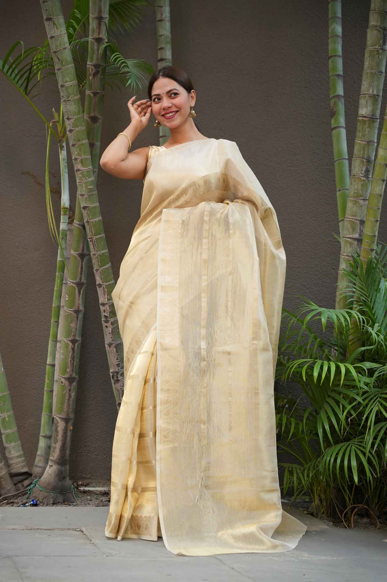 Gold Tissue Zari Weaving Work Ready To Wear Saree