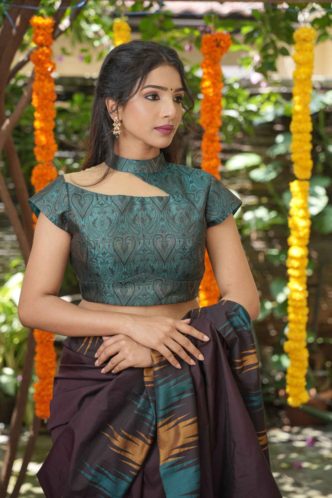 BLOUSE : Teal Banarasi Brocade Blouse with One Shoulder Cutout with Net, Made to Order