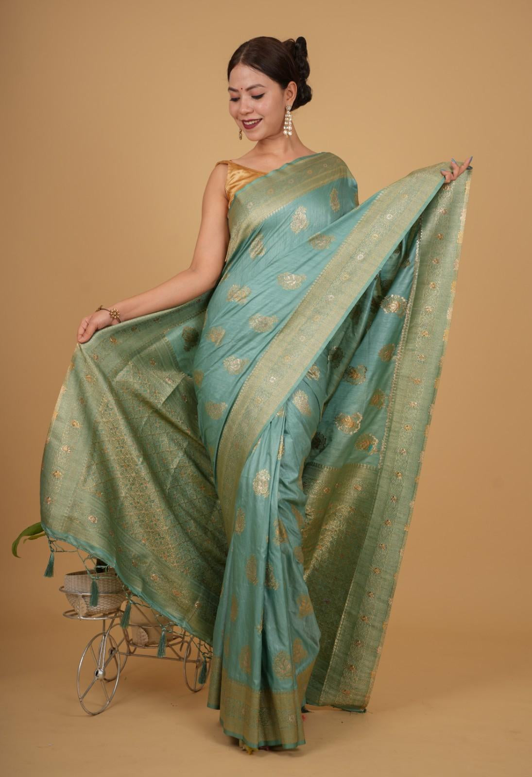 Pista Green Cotton Silk  With Zari  Border & Overall Golden Motif Wrap in 1 minute saree