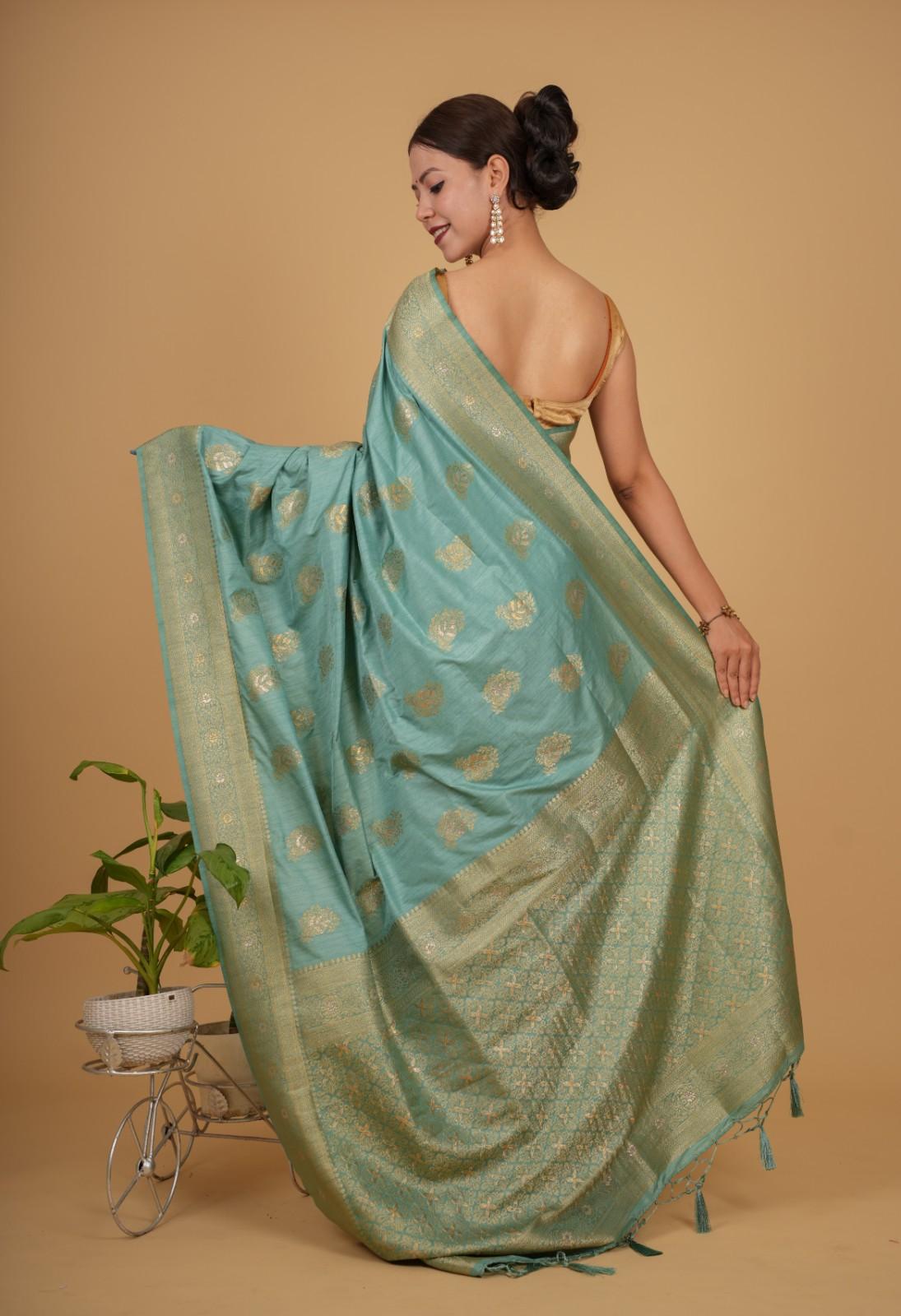 Pista Green Cotton Silk  With Zari  Border & Overall Golden Motif Wrap in 1 minute saree