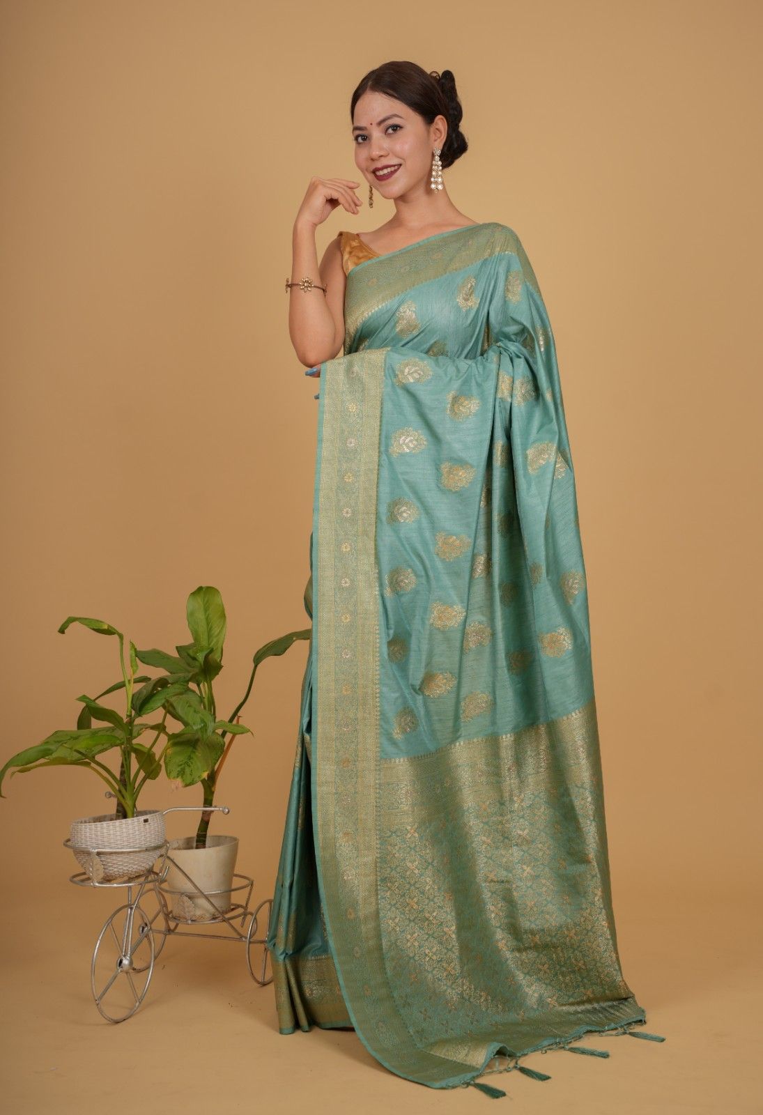 Pista Green Cotton Silk  With Zari  Border & Overall Golden Motif Wrap in 1 minute saree