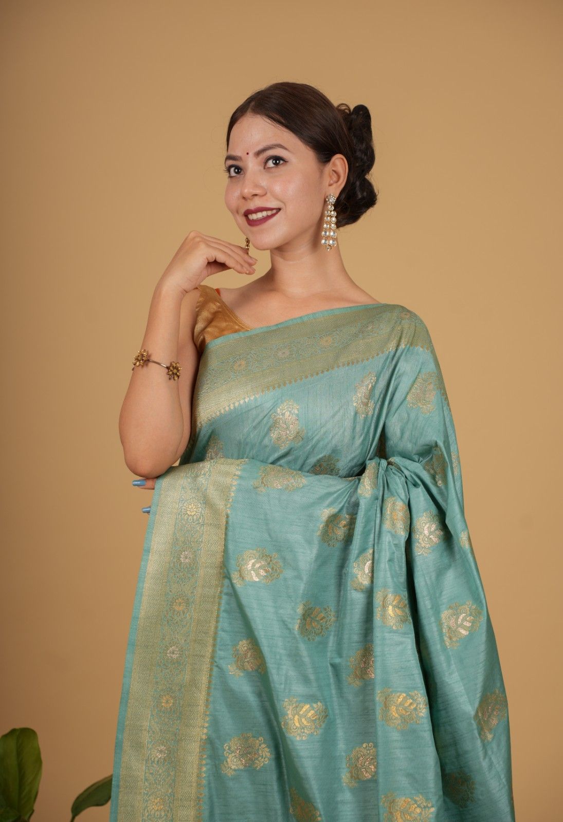 Pista Green Cotton Silk  With Zari  Border & Overall Golden Motif Wrap in 1 minute saree