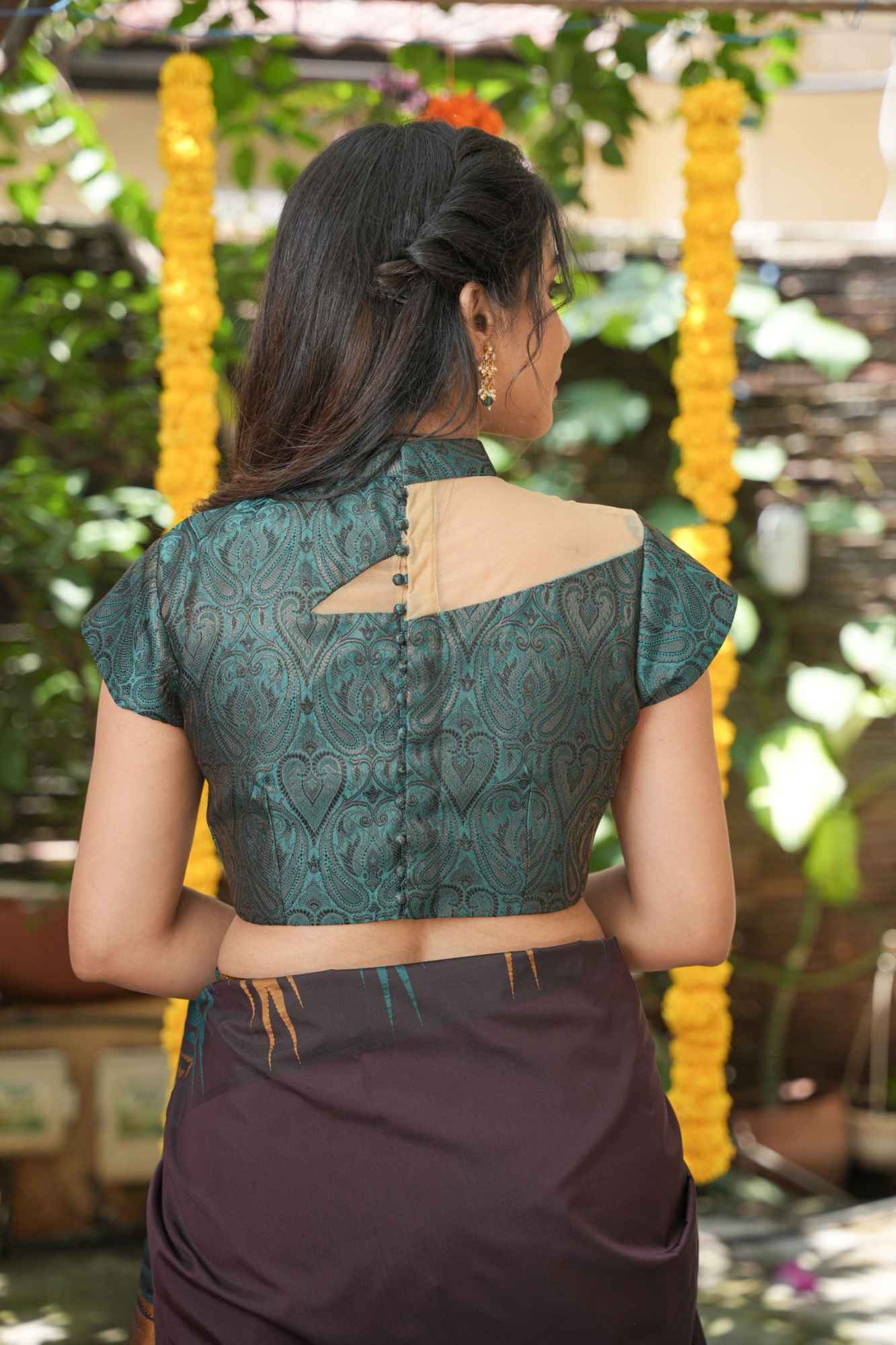 BLOUSE : Teal Banarasi Brocade Blouse with One Shoulder Cutout with Net, Made to Order