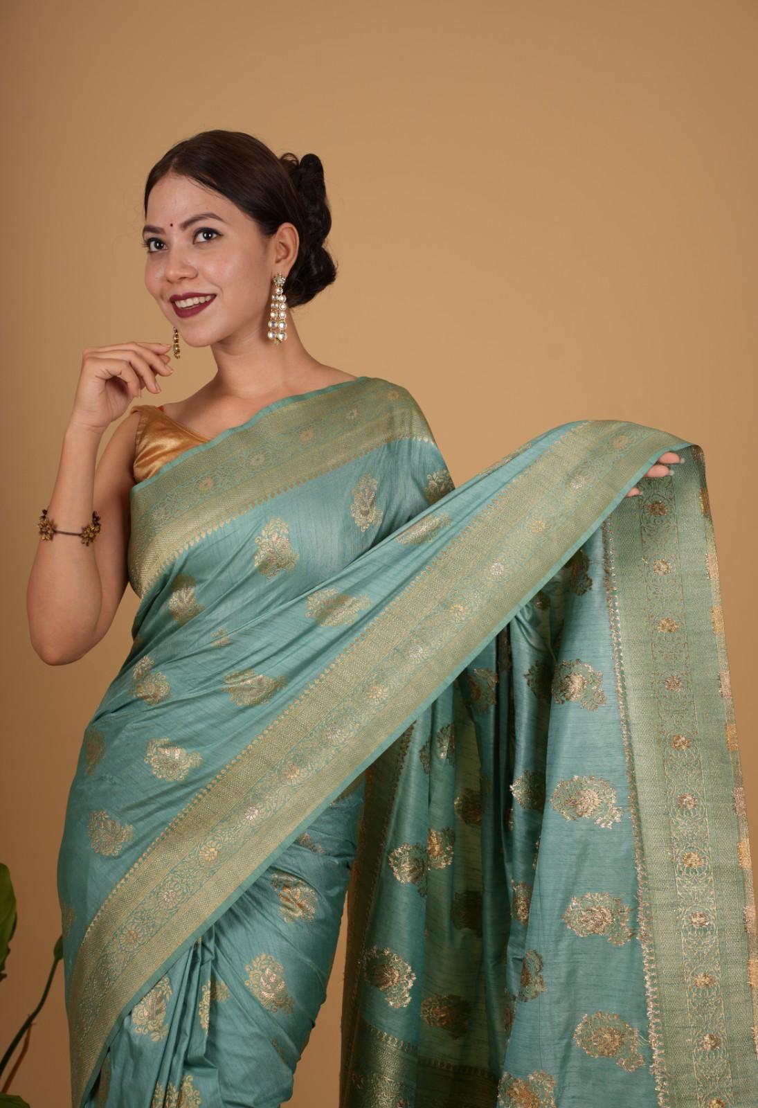 Pista Green Cotton Silk  With Zari  Border & Overall Golden Motif Wrap in 1 minute saree