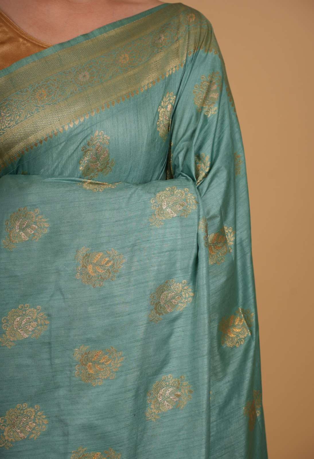 Pista Green Cotton Silk  With Zari  Border & Overall Golden Motif Wrap in 1 minute saree