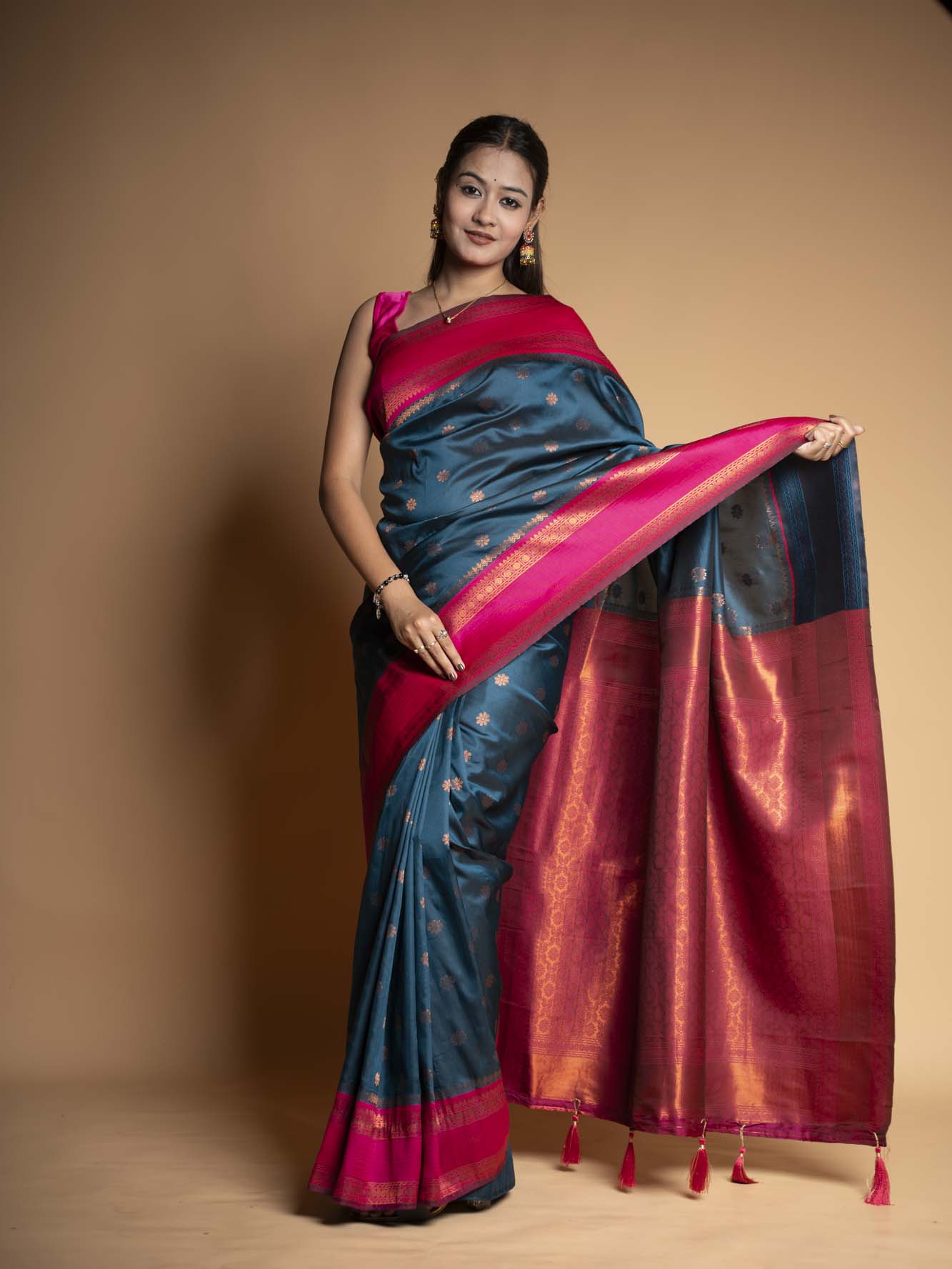 Royal Blue Design  with all over buti  Heavy Golden Embroidery Ready To Wear Saree
