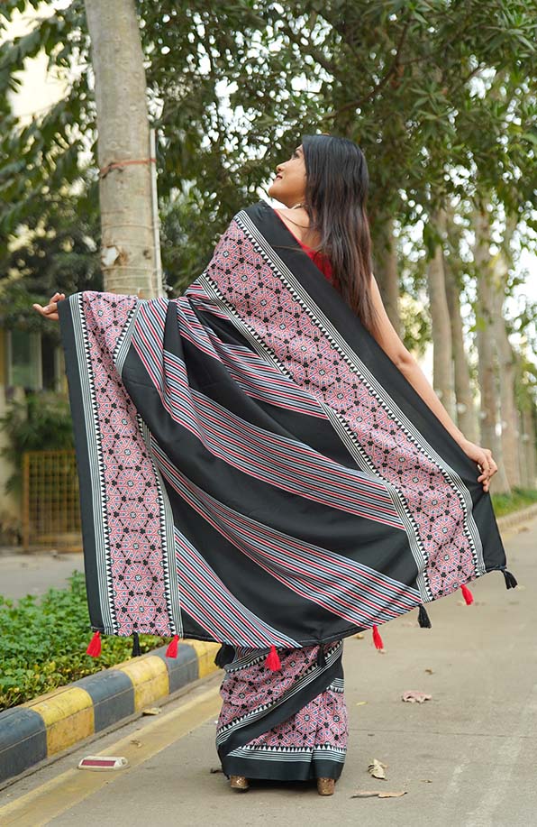 Comfortable Red & Black Soft silky Printed All Over Wrap in 1 minute saree