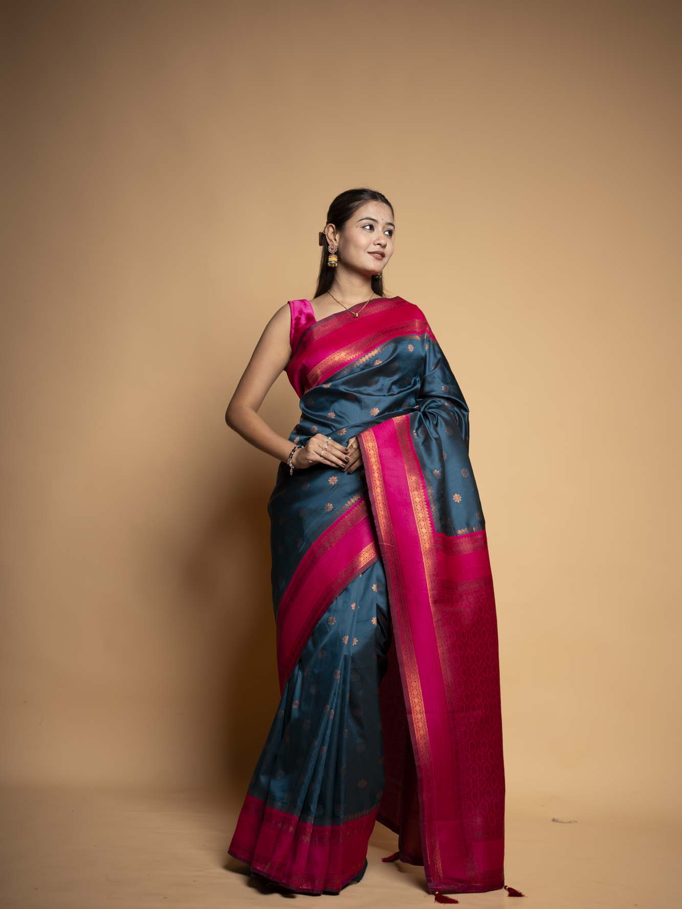 Royal Blue Design  with all over buti  Heavy Golden Embroidery Ready To Wear Saree