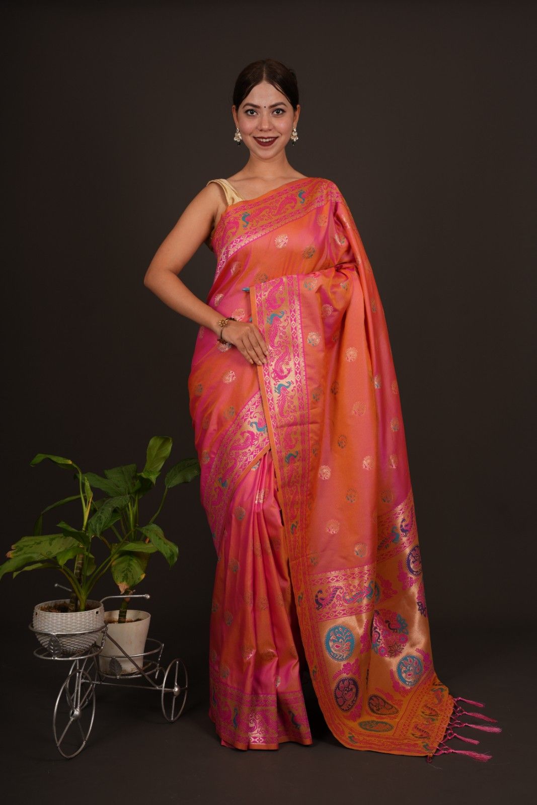 Paithani soft silk Contrast Peacock woven Border with meenakari work Wrap in 1 minute saree