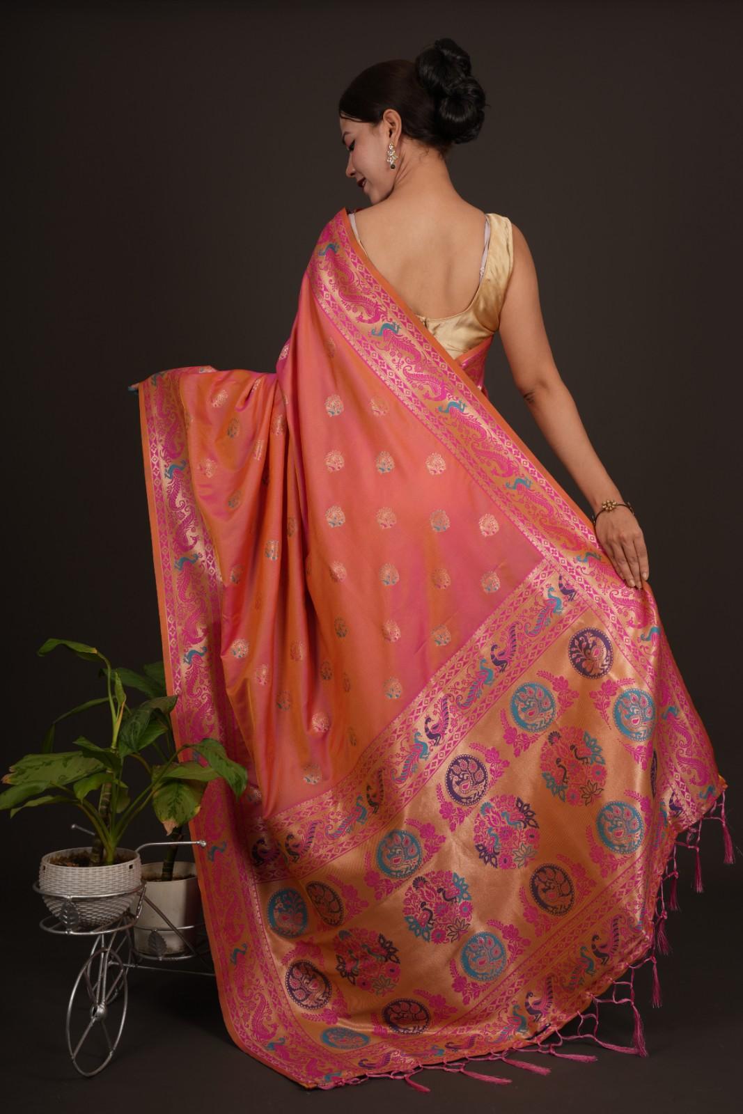 Paithani soft silk Contrast Peacock woven Border with meenakari work Wrap in 1 minute saree