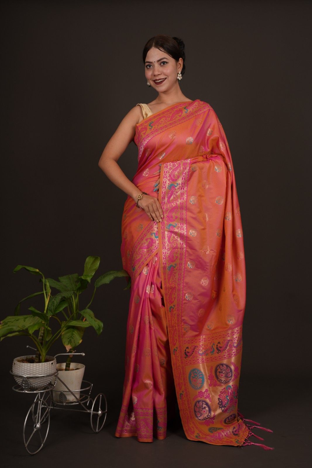 Paithani soft silk Contrast Peacock woven Border with meenakari work Wrap in 1 minute saree