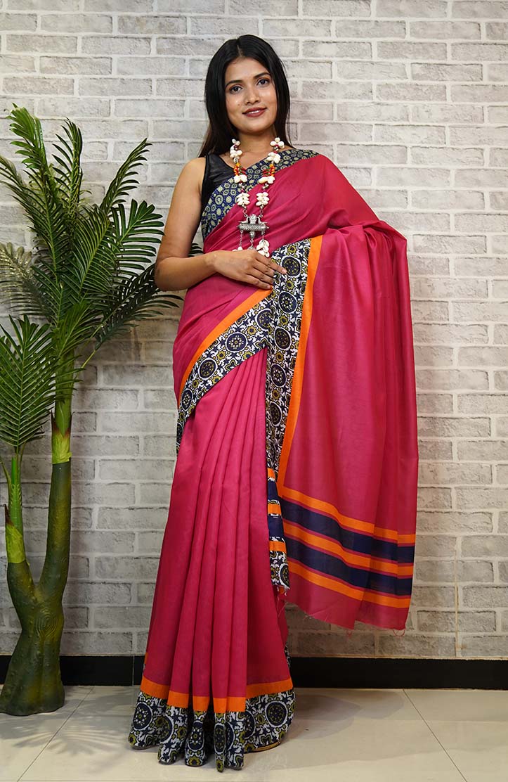 Ready To Wear Pink Soft Prestitched Contrast Printed Border Wrap In One Minute Saree