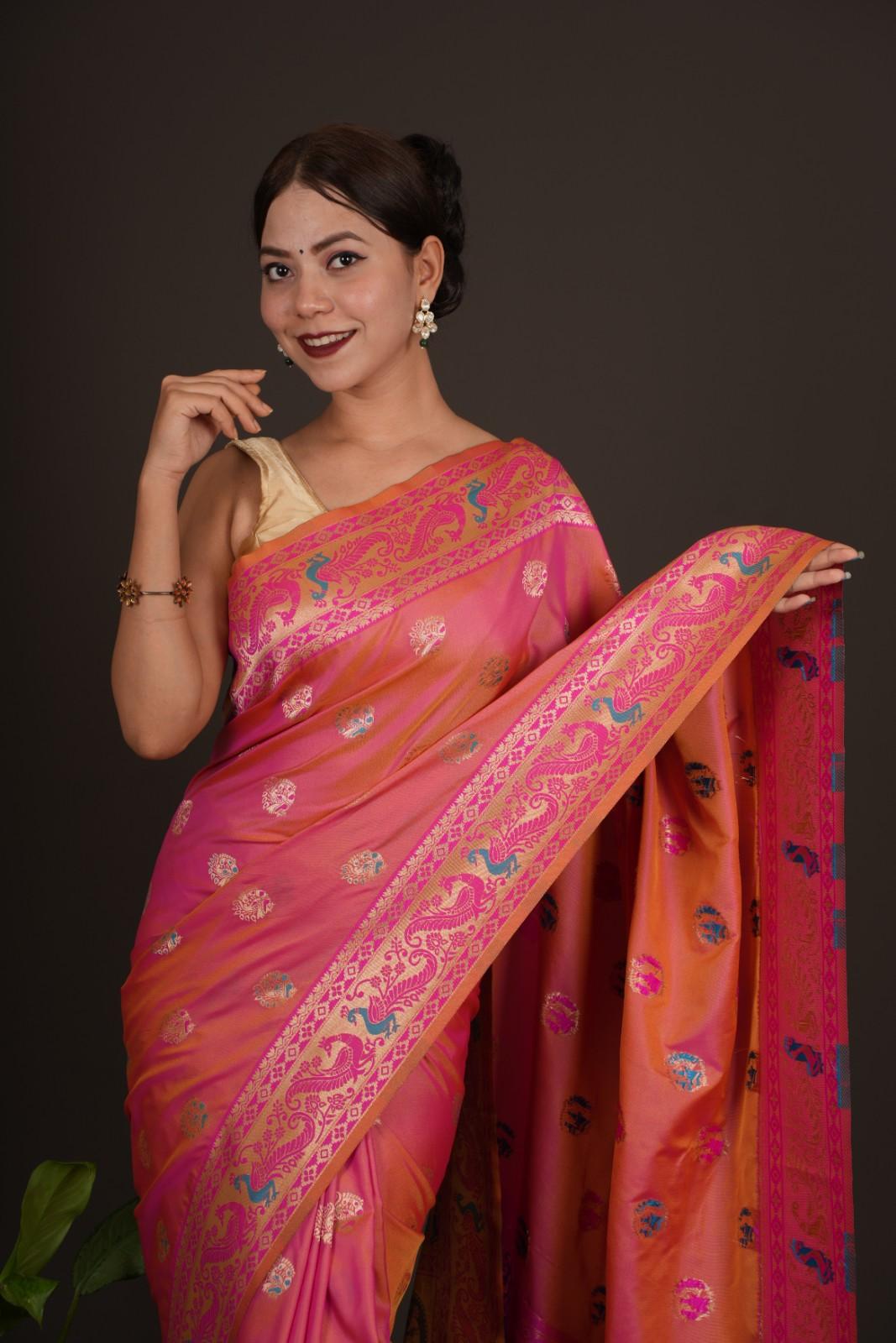 Paithani soft silk Contrast Peacock woven Border with meenakari work Wrap in 1 minute saree