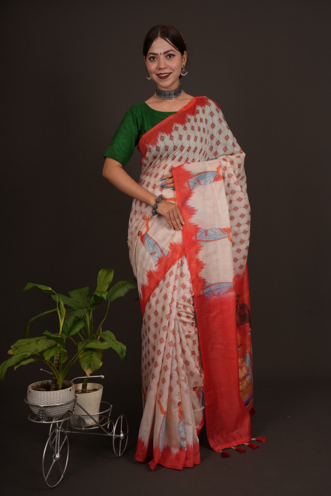 Beautiful White Printed With  Orange Temple Border & Overall Picture Embroidery Wrap in 1 minute saree