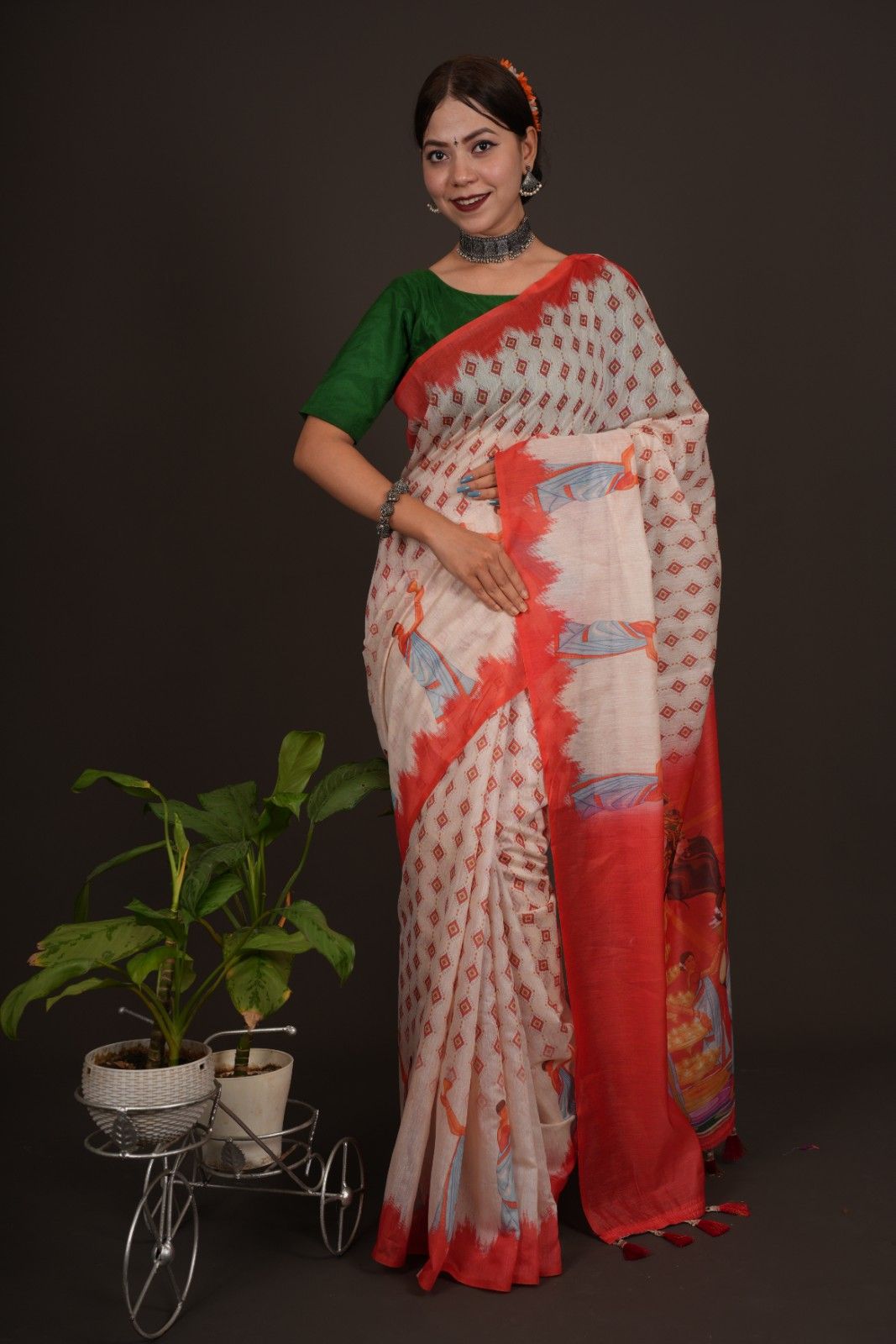 Beautiful White Printed With  Orange Temple Border & Overall Picture Embroidery Wrap in 1 minute saree