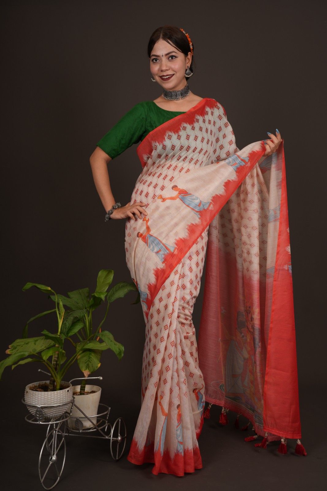 Beautiful White Printed With  Orange Temple Border & Overall Picture Embroidery Wrap in 1 minute saree