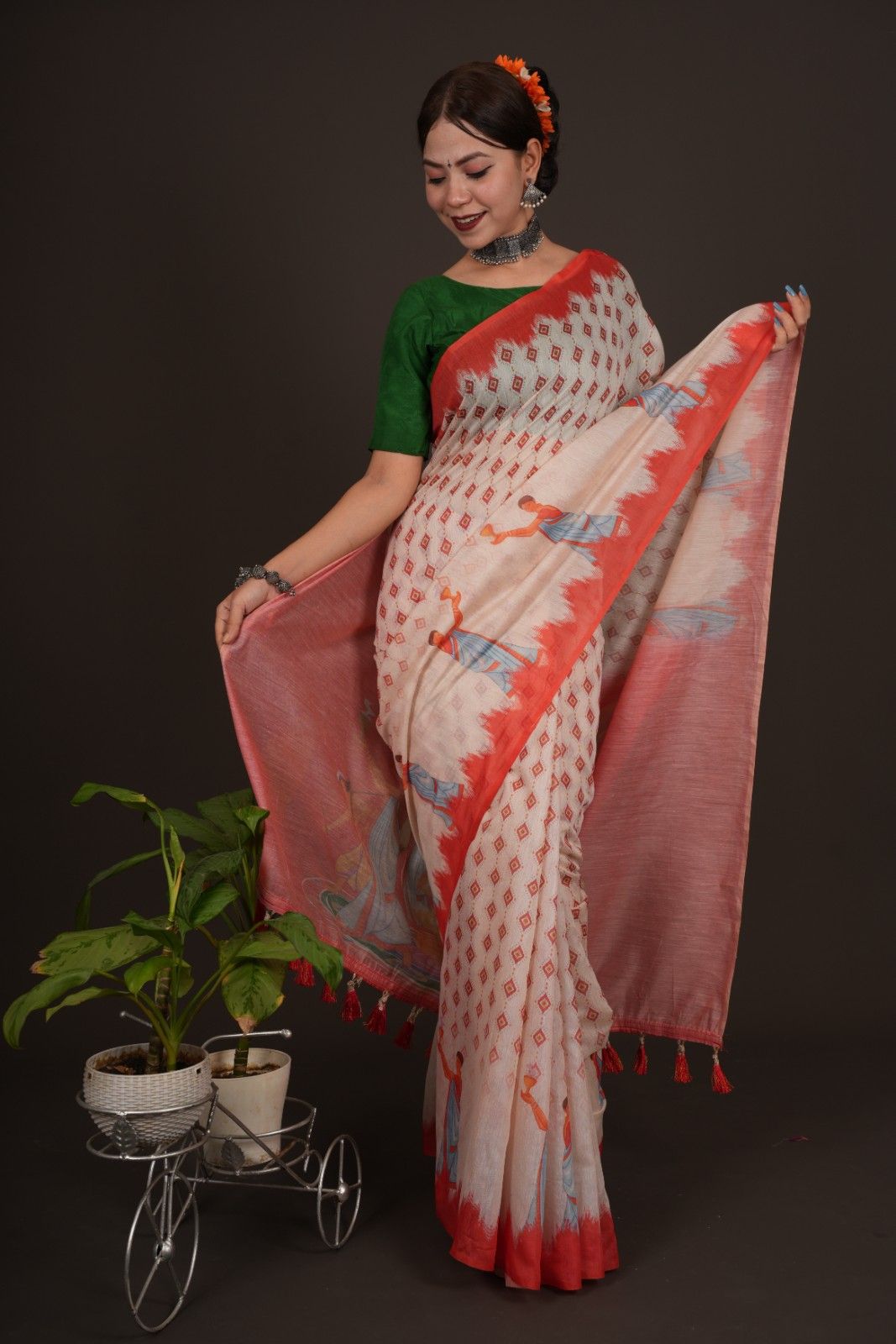 Beautiful White Printed With  Orange Temple Border & Overall Picture Embroidery Wrap in 1 minute saree