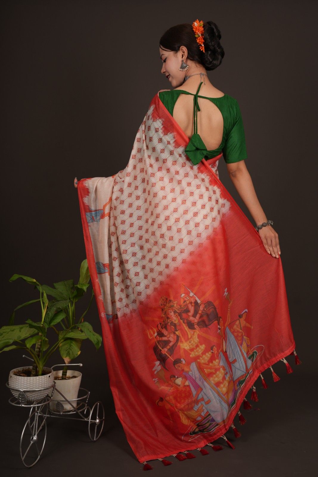 Beautiful White Printed With  Orange Temple Border & Overall Picture Embroidery Wrap in 1 minute saree