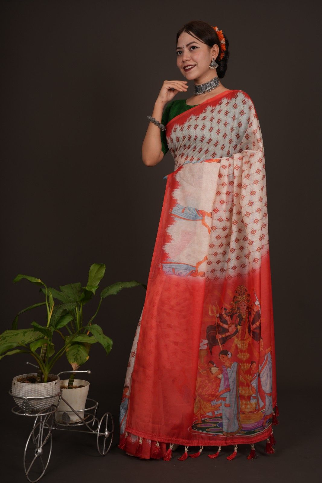 Beautiful White Printed With  Orange Temple Border & Overall Picture Embroidery Wrap in 1 minute saree