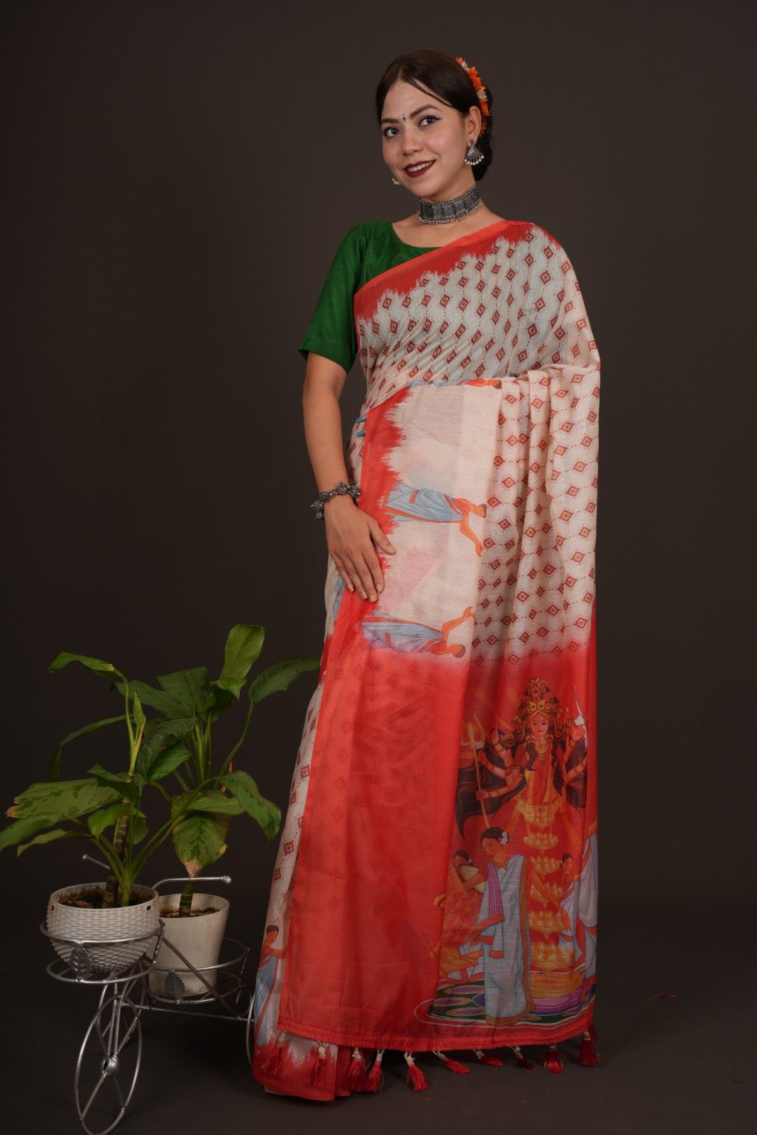 Beautiful White Printed With  Orange Temple Border & Overall Picture Embroidery Wrap in 1 minute saree