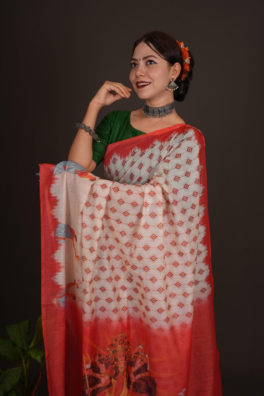 Beautiful White Printed With  Orange Temple Border & Overall Picture Embroidery Wrap in 1 minute saree