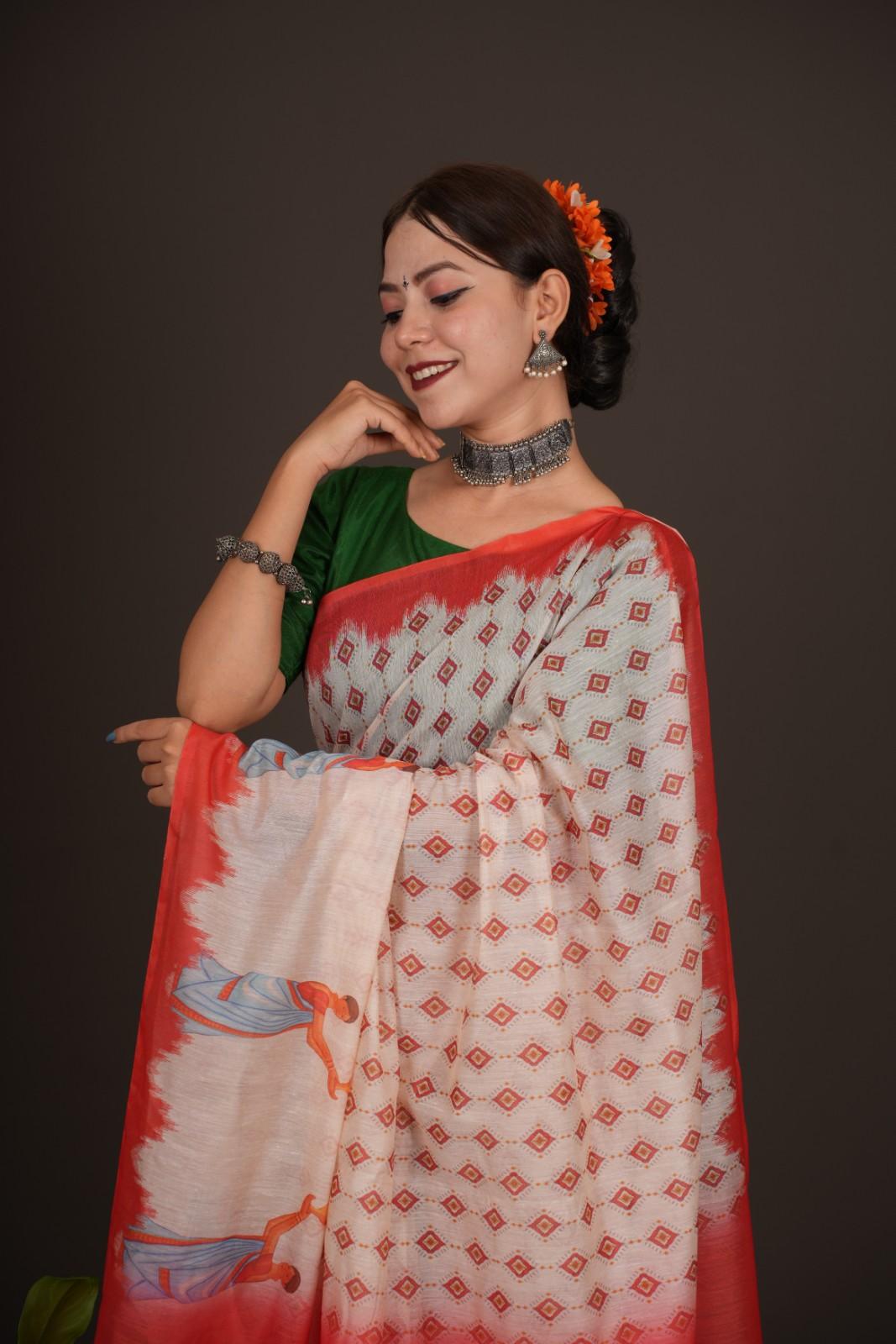 Beautiful White Printed With  Orange Temple Border & Overall Picture Embroidery Wrap in 1 minute saree