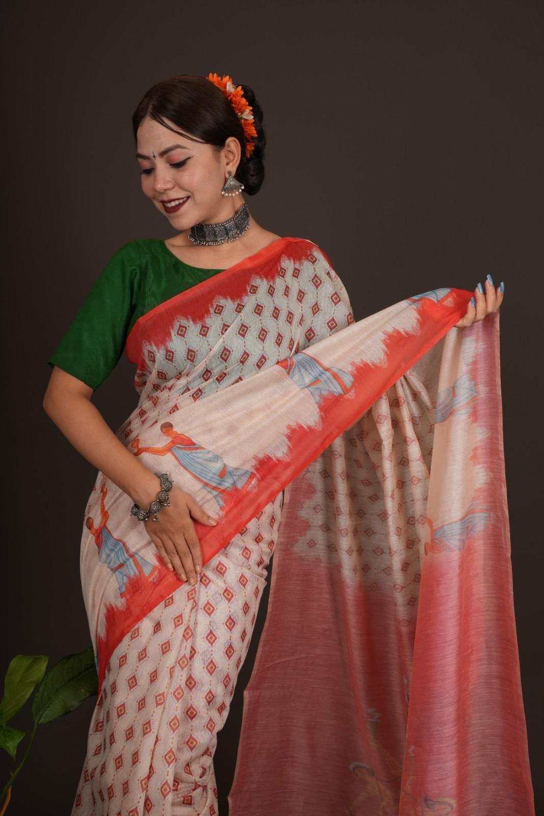 Beautiful White Printed With  Orange Temple Border & Overall Picture Embroidery Wrap in 1 minute saree