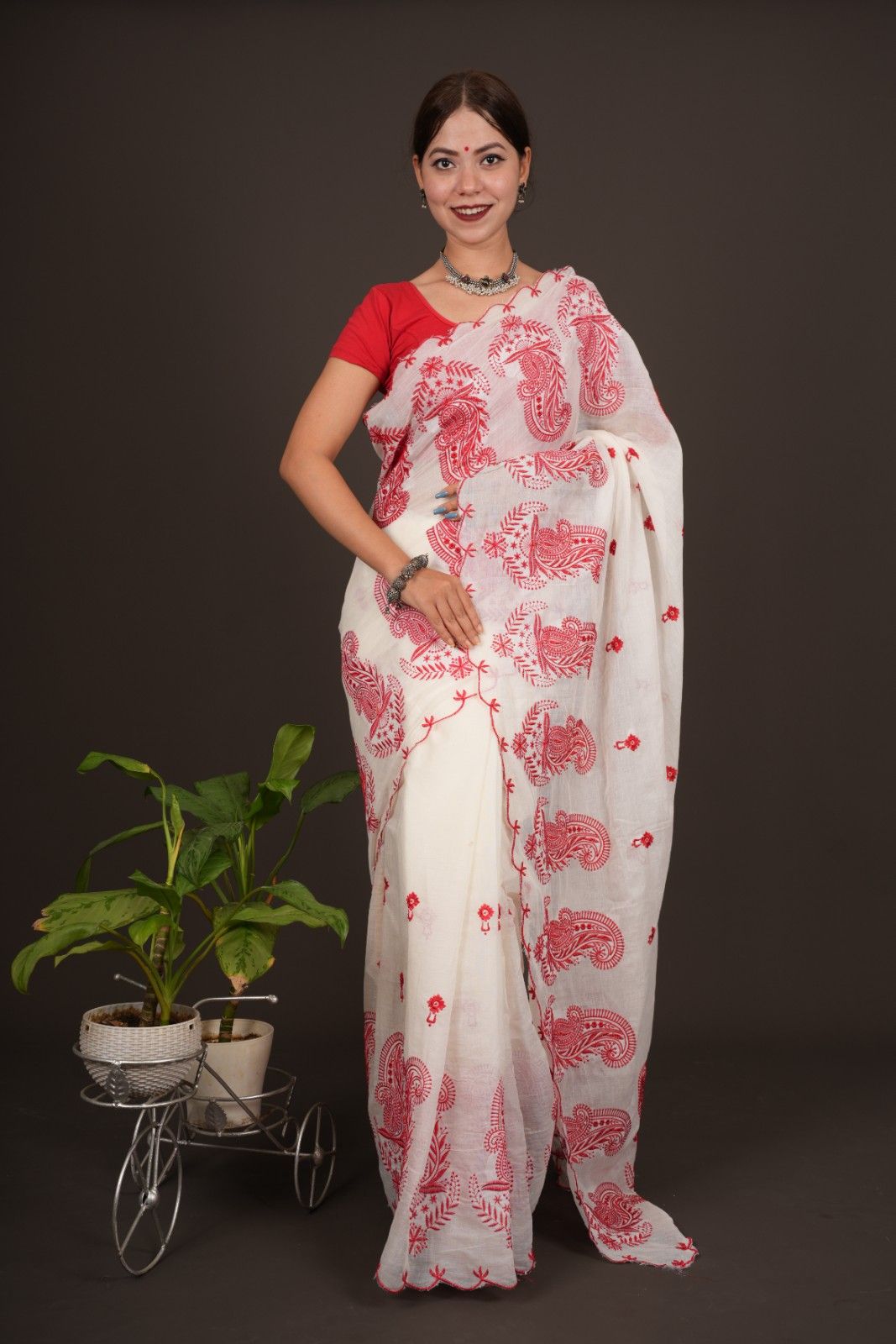 Traditional Pure Cotton With Red Embroidery Art & DurgaMaa Bangali Handloom Wrap in 1 minute saree