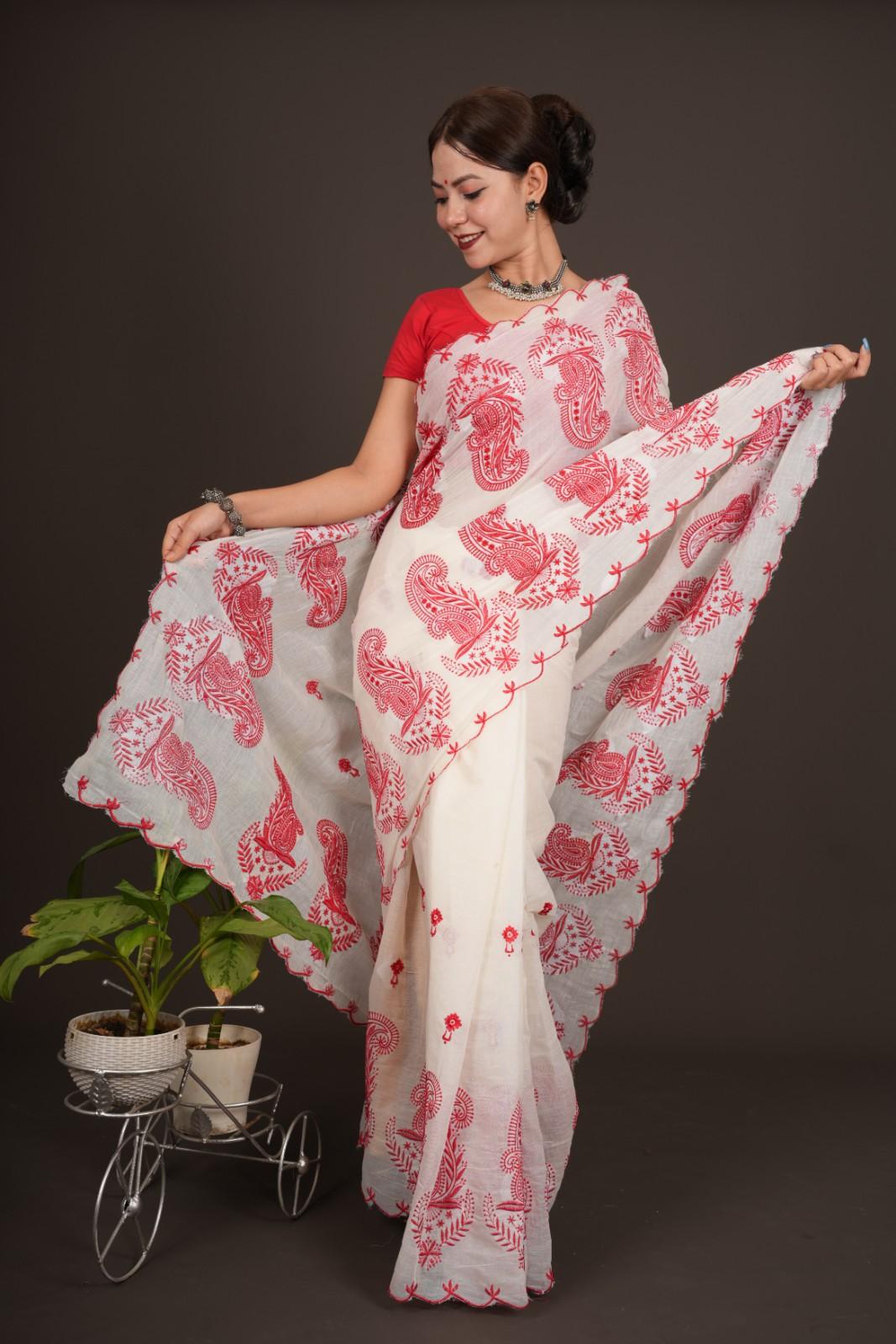 Traditional Pure Cotton With Red Embroidery Art & DurgaMaa Bangali Handloom Wrap in 1 minute saree