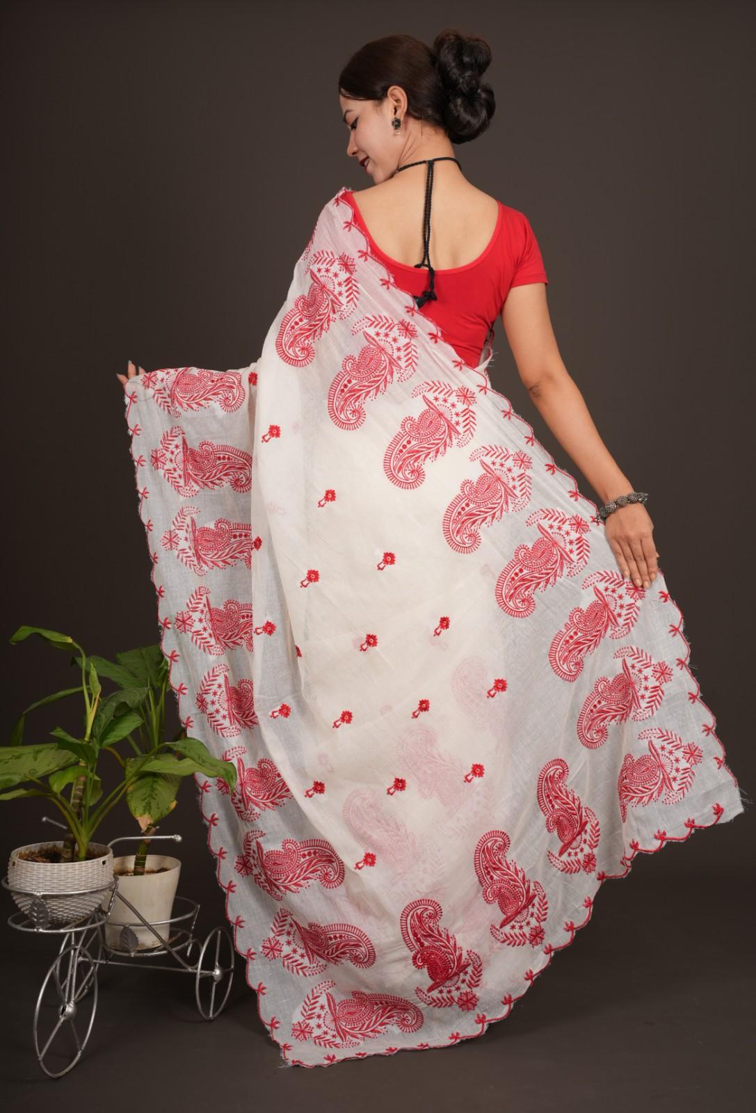 Traditional Pure Cotton With Red Embroidery Art & DurgaMaa Bangali Handloom Wrap in 1 minute saree