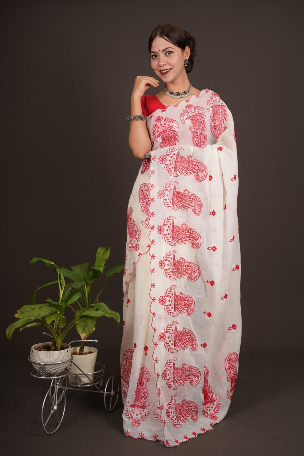 Traditional Pure Cotton With Red Embroidery Art & DurgaMaa Bangali Handloom Wrap in 1 minute saree