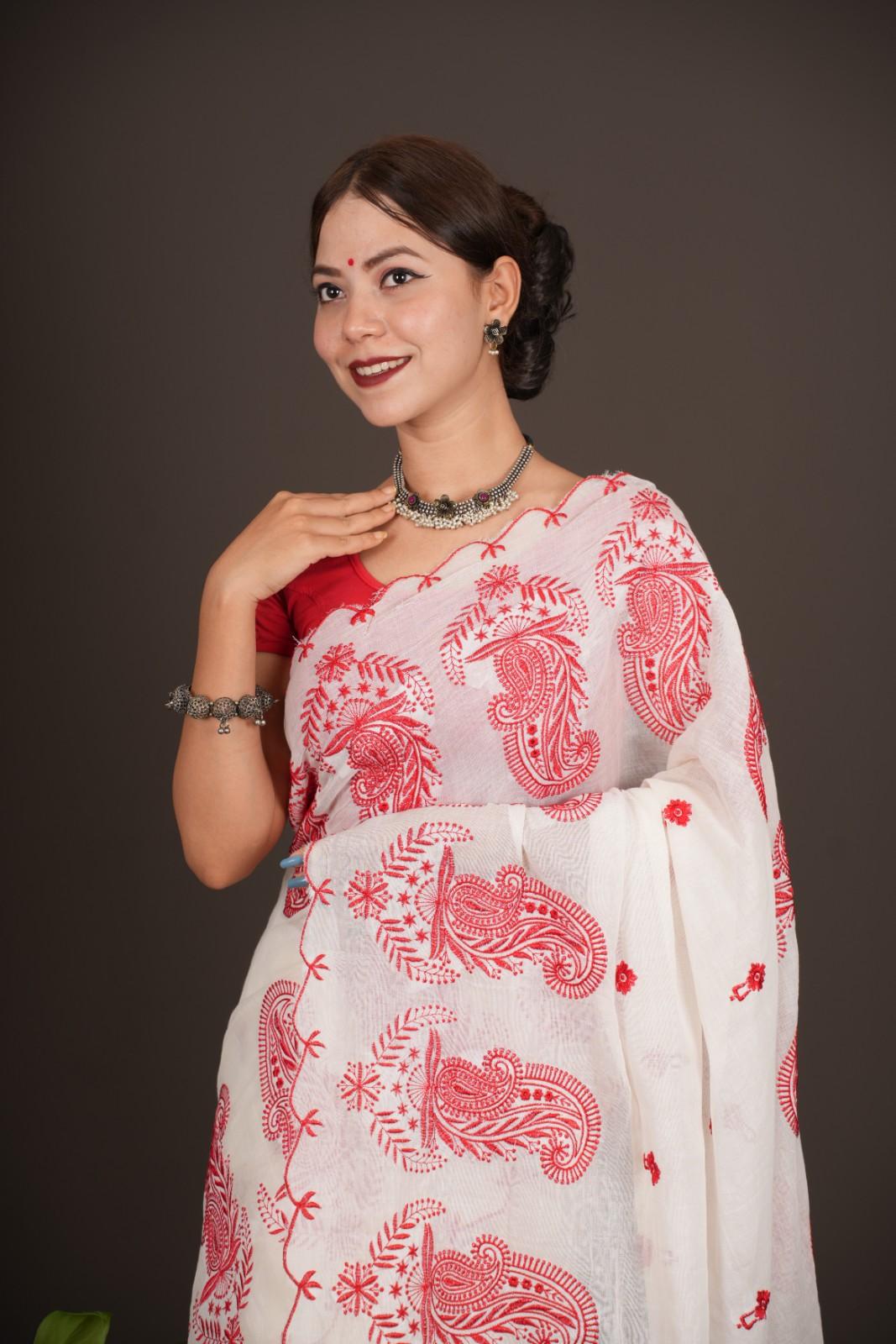 Traditional Pure Cotton With Red Embroidery Art & DurgaMaa Bangali Handloom Wrap in 1 minute saree