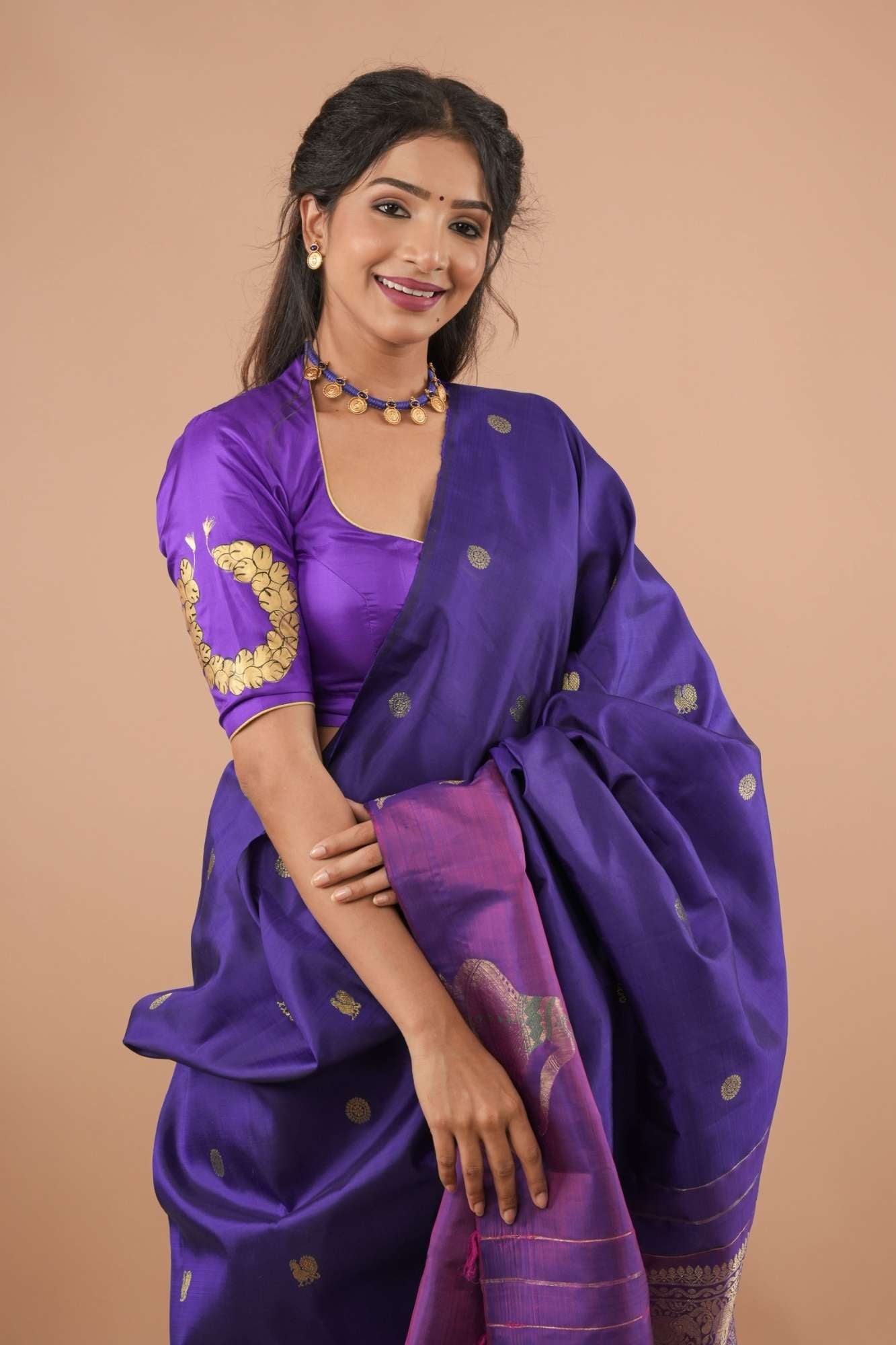 Blue Purple Pure Silk Blouse With Bharatanatyam Dancer Handpainting, Customizable, Made to Order
