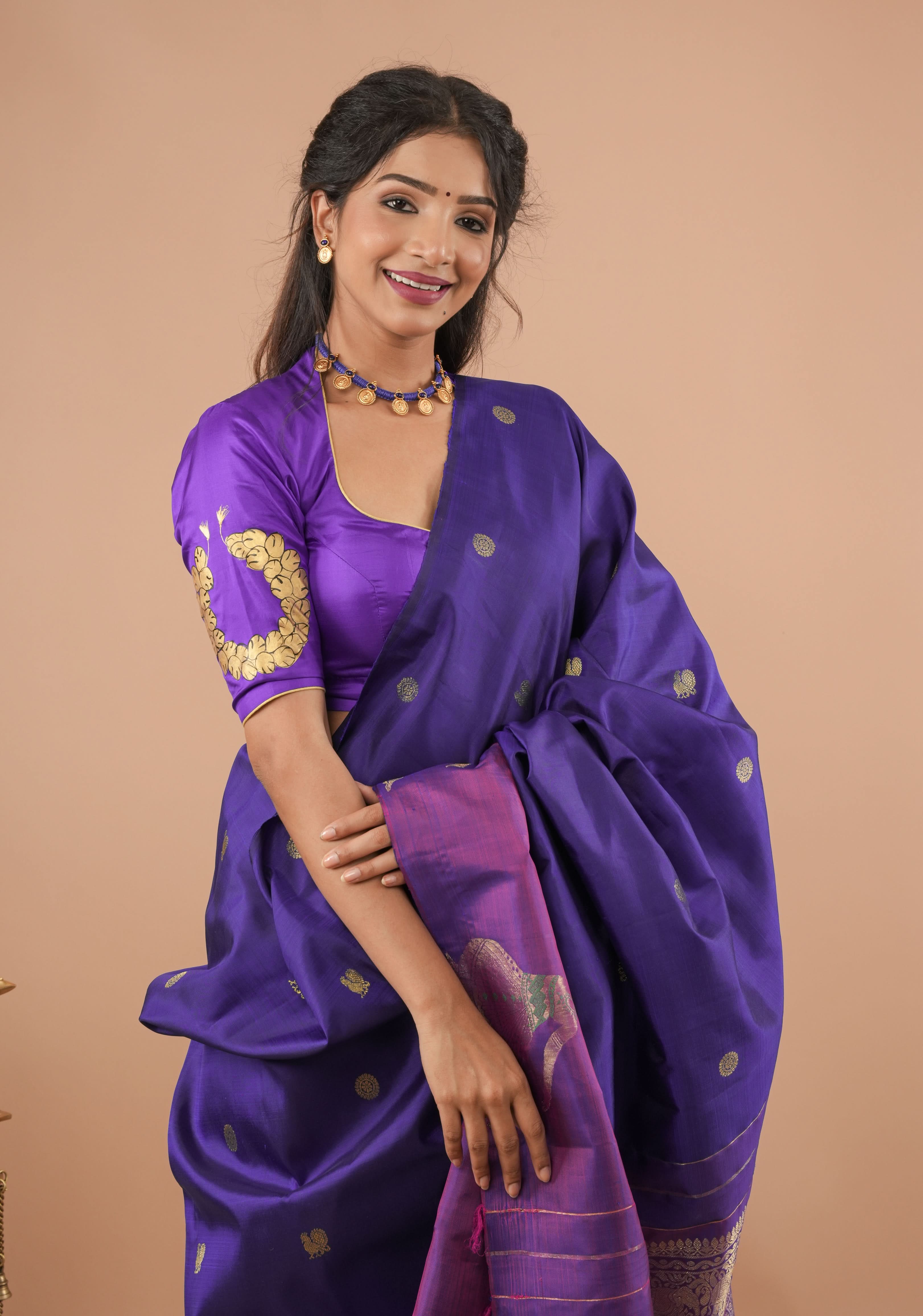 Blue Purple Pure Silk Blouse With Bharatanatyam Dancer Handpainting, Customizable, Made to Order | SHOBITAM