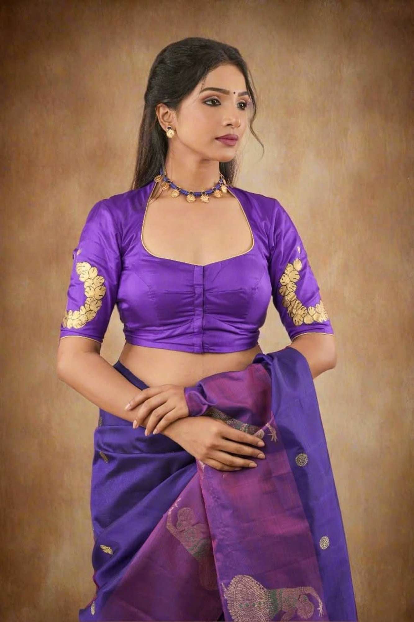 Blue Purple Pure Silk Blouse With Bharatanatyam Dancer Handpainting, Customizable, Made to Order