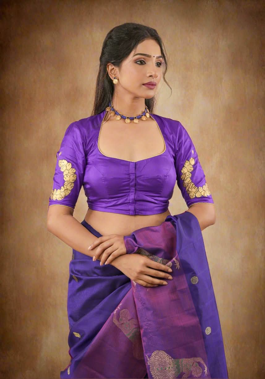 Blue Purple Pure Silk Blouse With Bharatanatyam Dancer Handpainting, Customizable, Made to Order | SHOBITAM