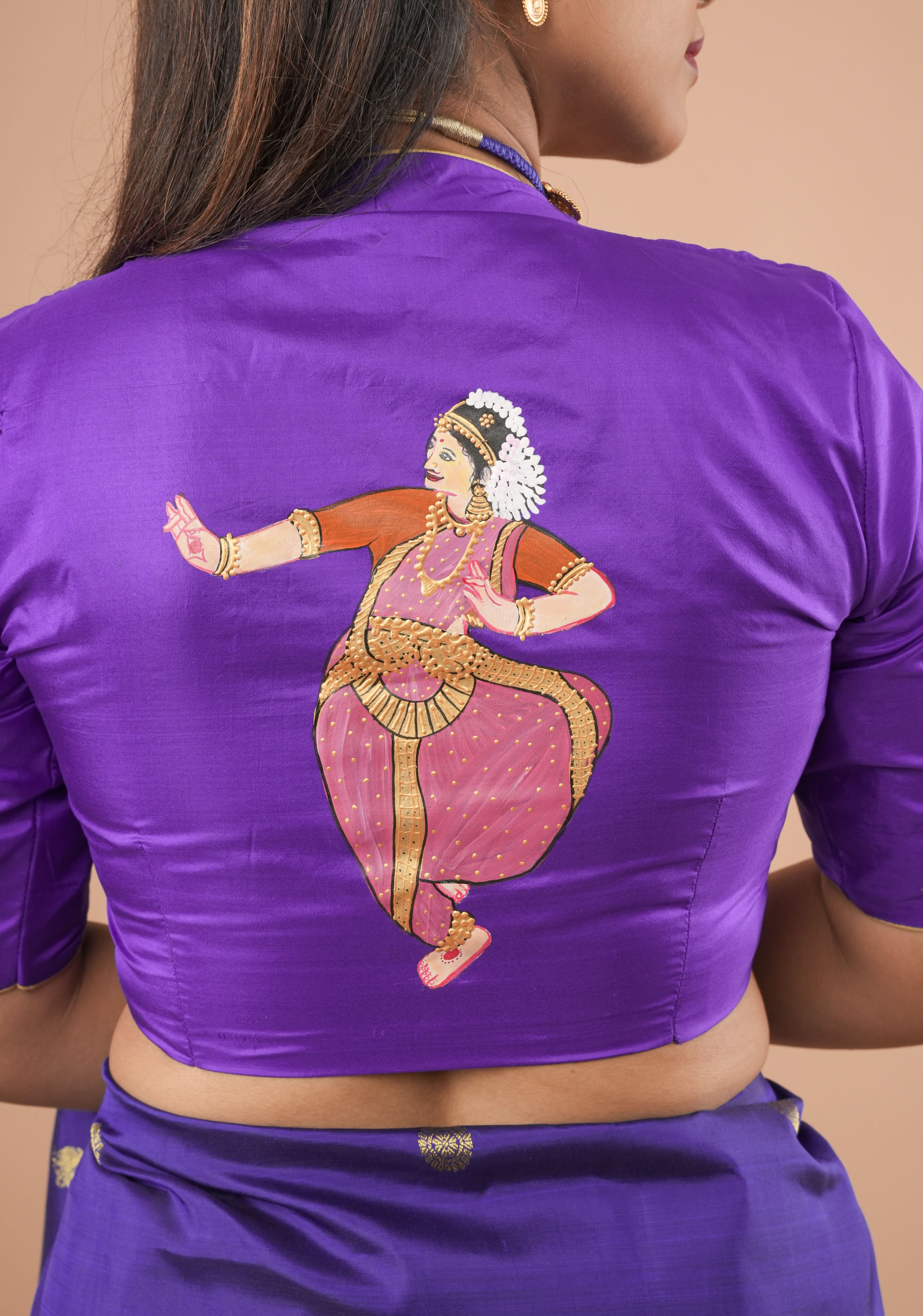 Blue Purple Pure Silk Blouse With Bharatanatyam Dancer Handpainting, Customizable, Made to Order | SHOBITAM