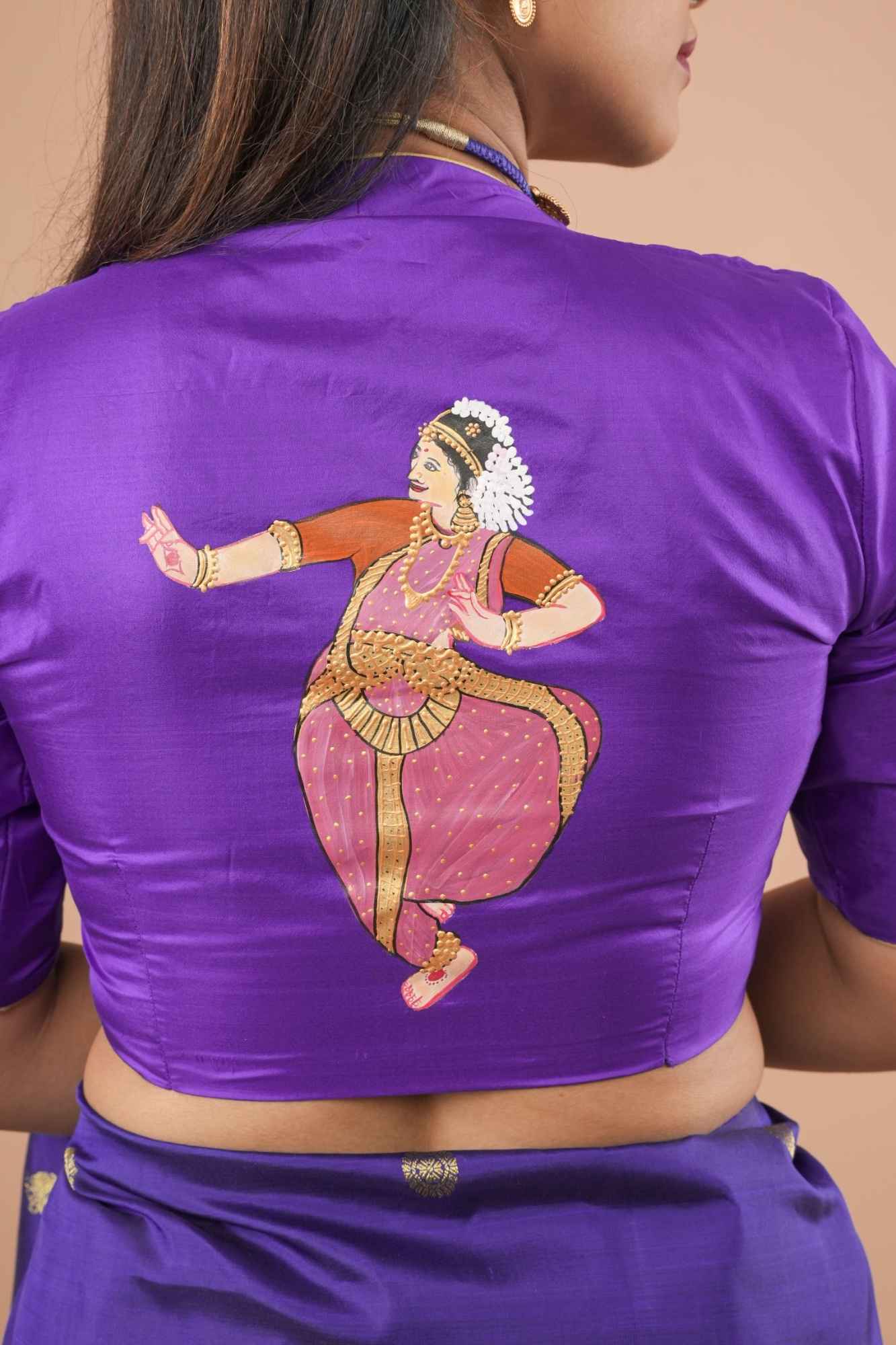 Blue Purple Pure Silk Blouse With Bharatanatyam Dancer Handpainting, Customizable, Made to Order